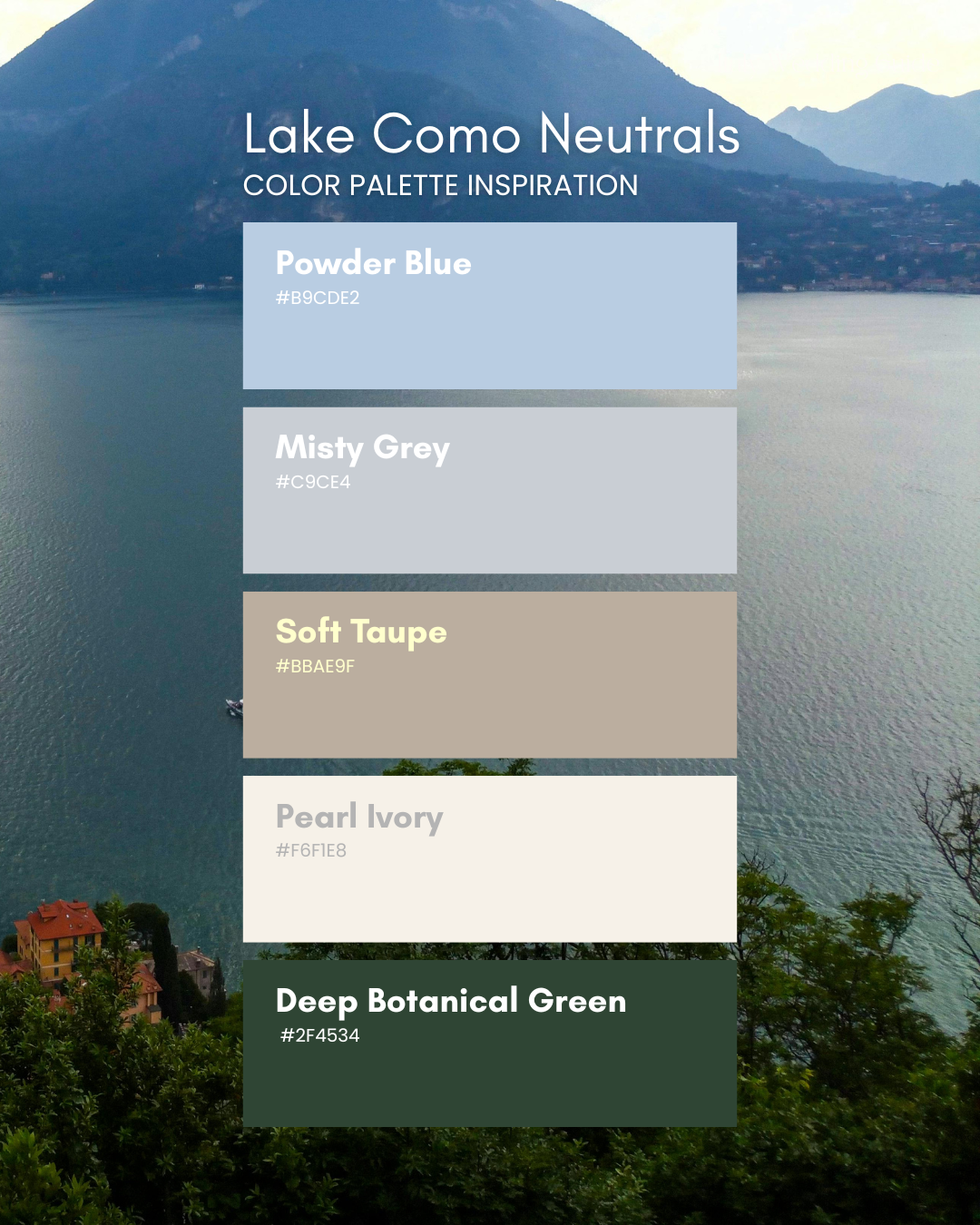 Lake Como neutral wedding colour palette featuring powder blue, misty grey, soft taupe, pearl ivory and deep botanical green, set against the calm waters and mountains of Lake Como.