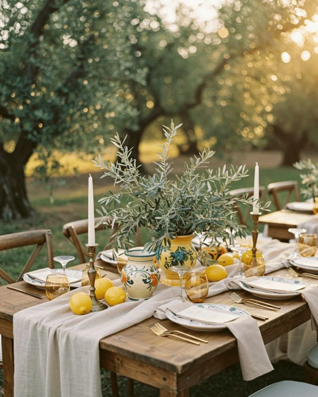 Rustic outdoor wedding table set in an olive grove with lemons, ceramic vases of olive branches, tall white candles, and warm golden-hour light.