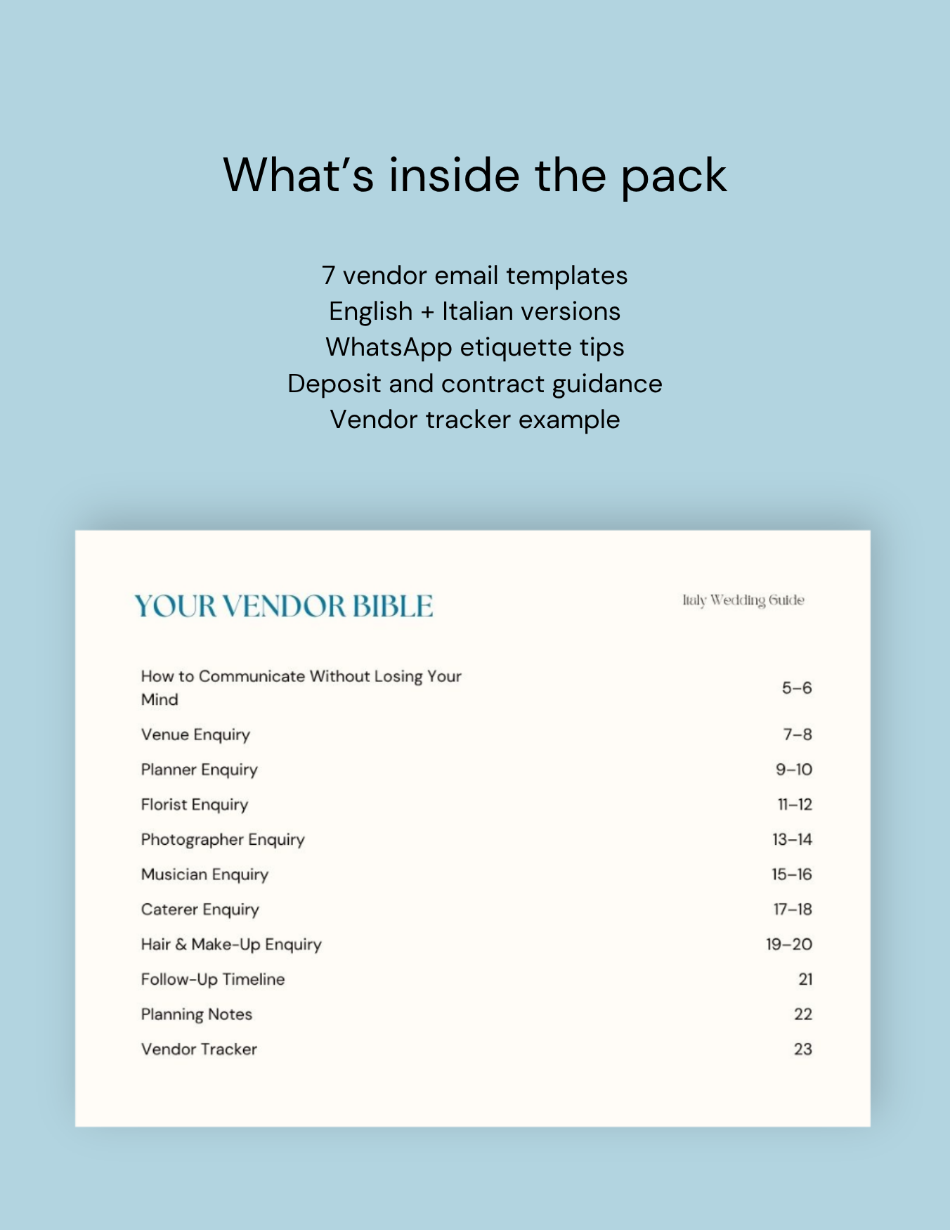 Graphic titled What’s inside the pack with a preview of the vendor guide contents page and key features of the template pack..png
