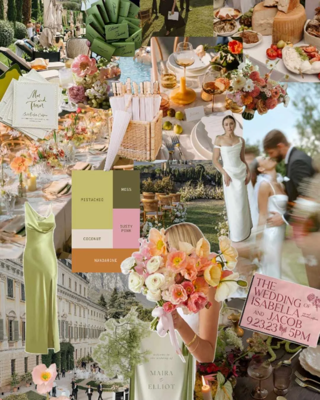 Wedding moodboard featuring pistachio, moss and soft pink tones for an Italian-inspired 2026 palette.