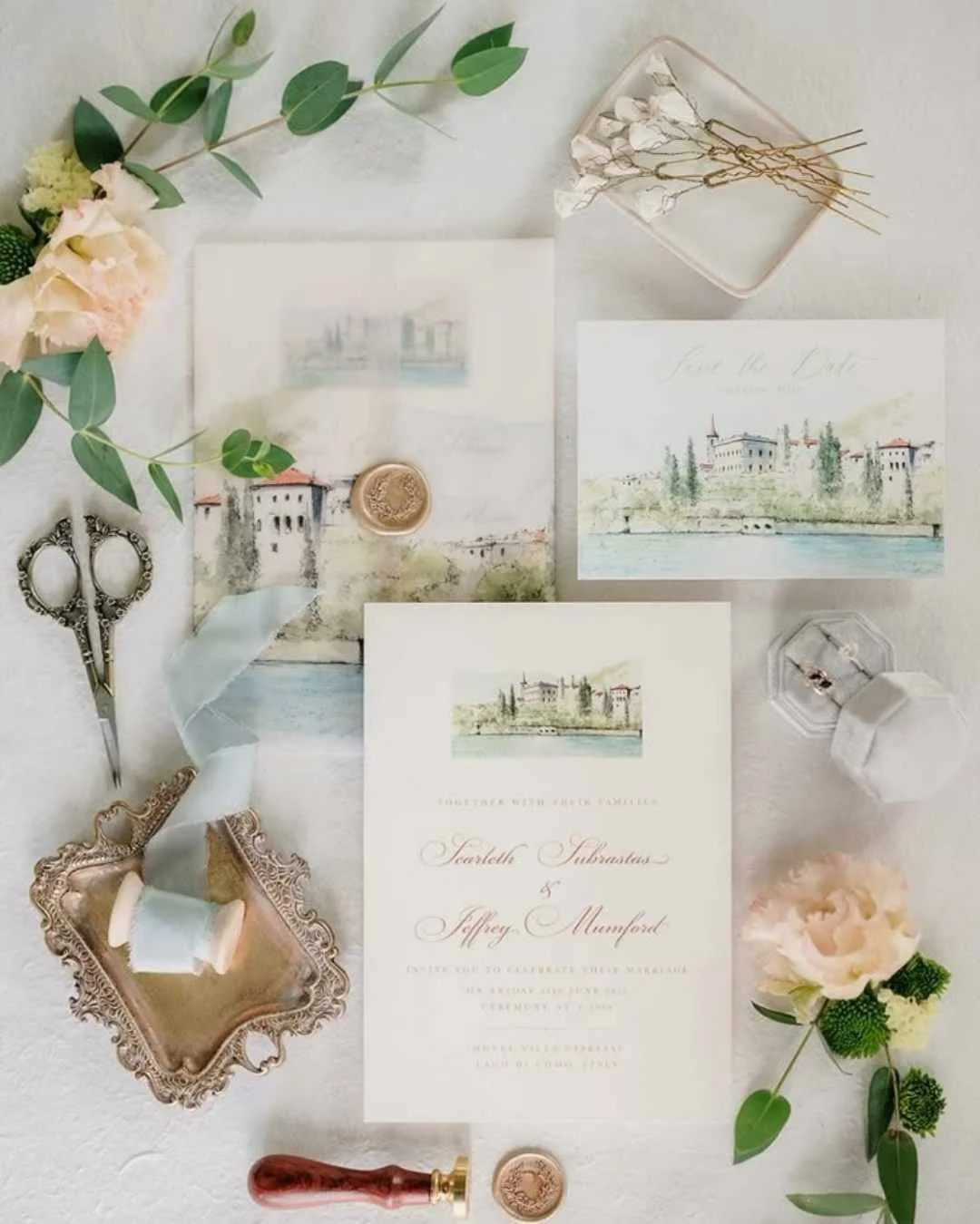 Hand-painted Italian wedding stationery with watercolour villa artwork, soft florals and wax seals for an elegant destination wedding.