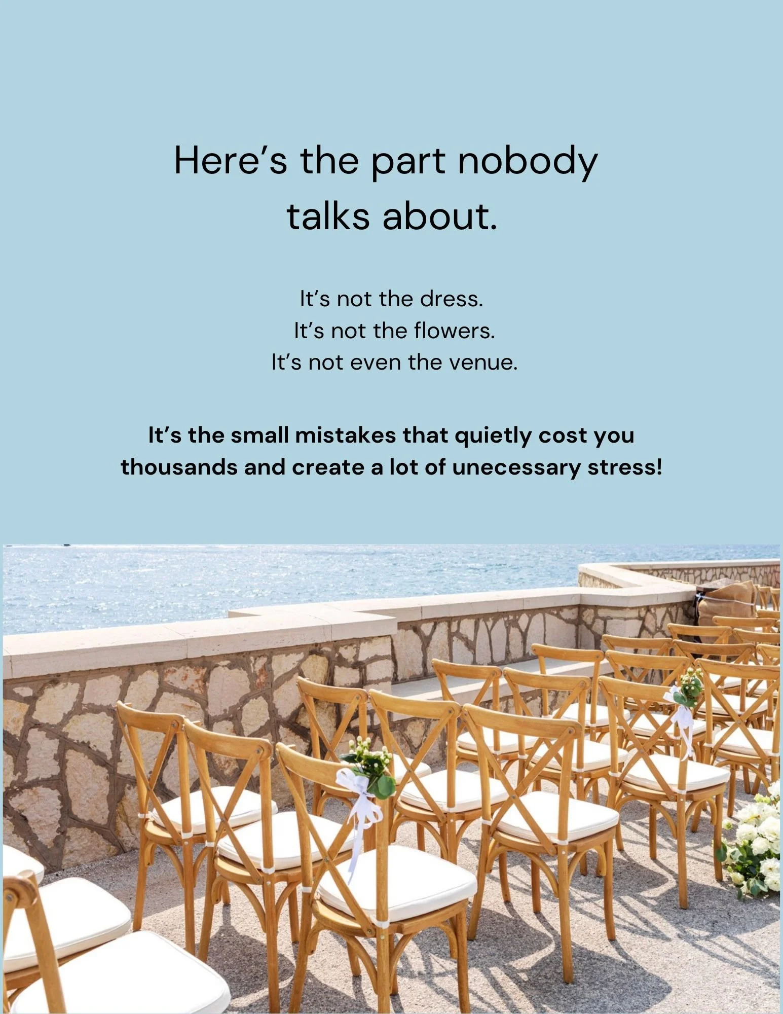 Wedding ceremony chairs overlooking the Italian coast with text about costly wedding planning mistakes, highlighting common destination wedding mistakes couples make when planning a wedding in Italy.