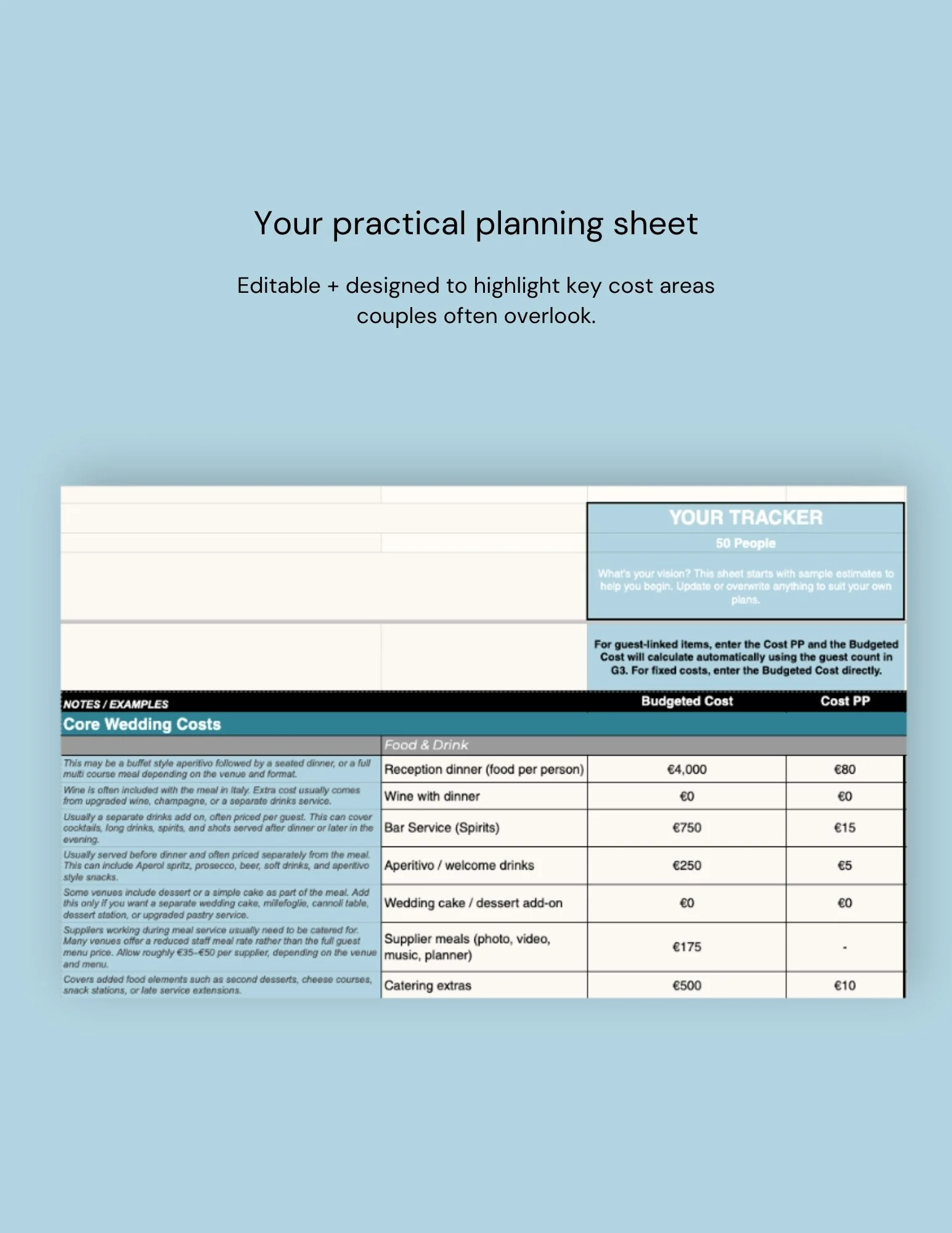 Preview of the editable Italy wedding budget tracker showing sample categories, costs, and planning rows.