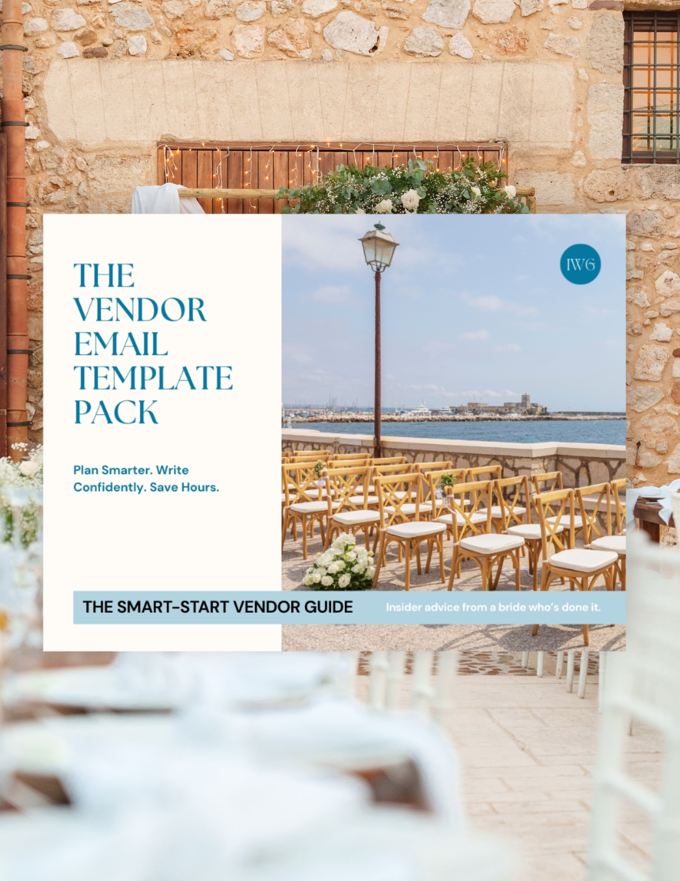 Mockup of The Vendor Email Template Pack displayed over a romantic Italian wedding reception setting with stone walls, floral styling, and long tables.