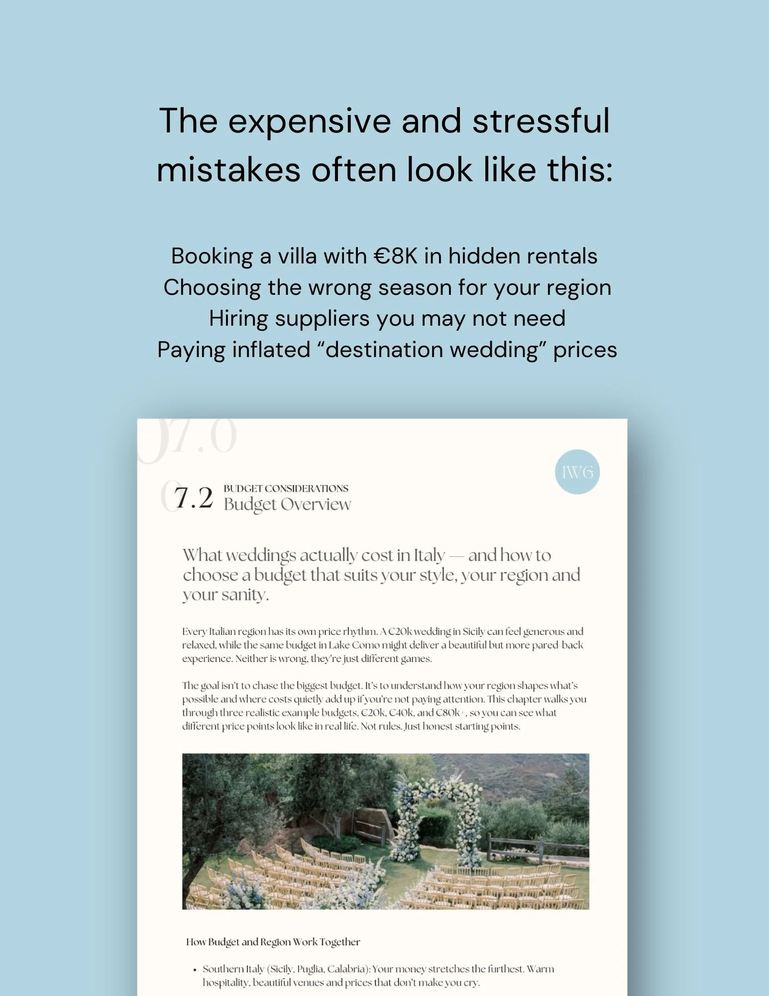 Italy wedding budget guide page showing realistic wedding cost breakdowns, hidden venue fees, and destination wedding budgeting advice for couples planning an Italian wedding.