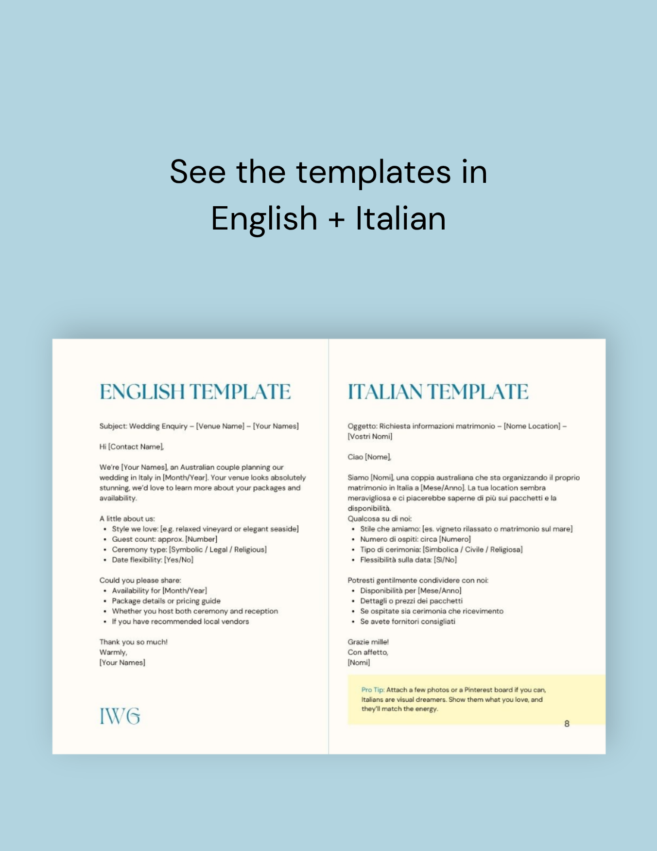 Graphic showing side by side English and Italian wedding vendor email templates for destination wedding planning in Italy.