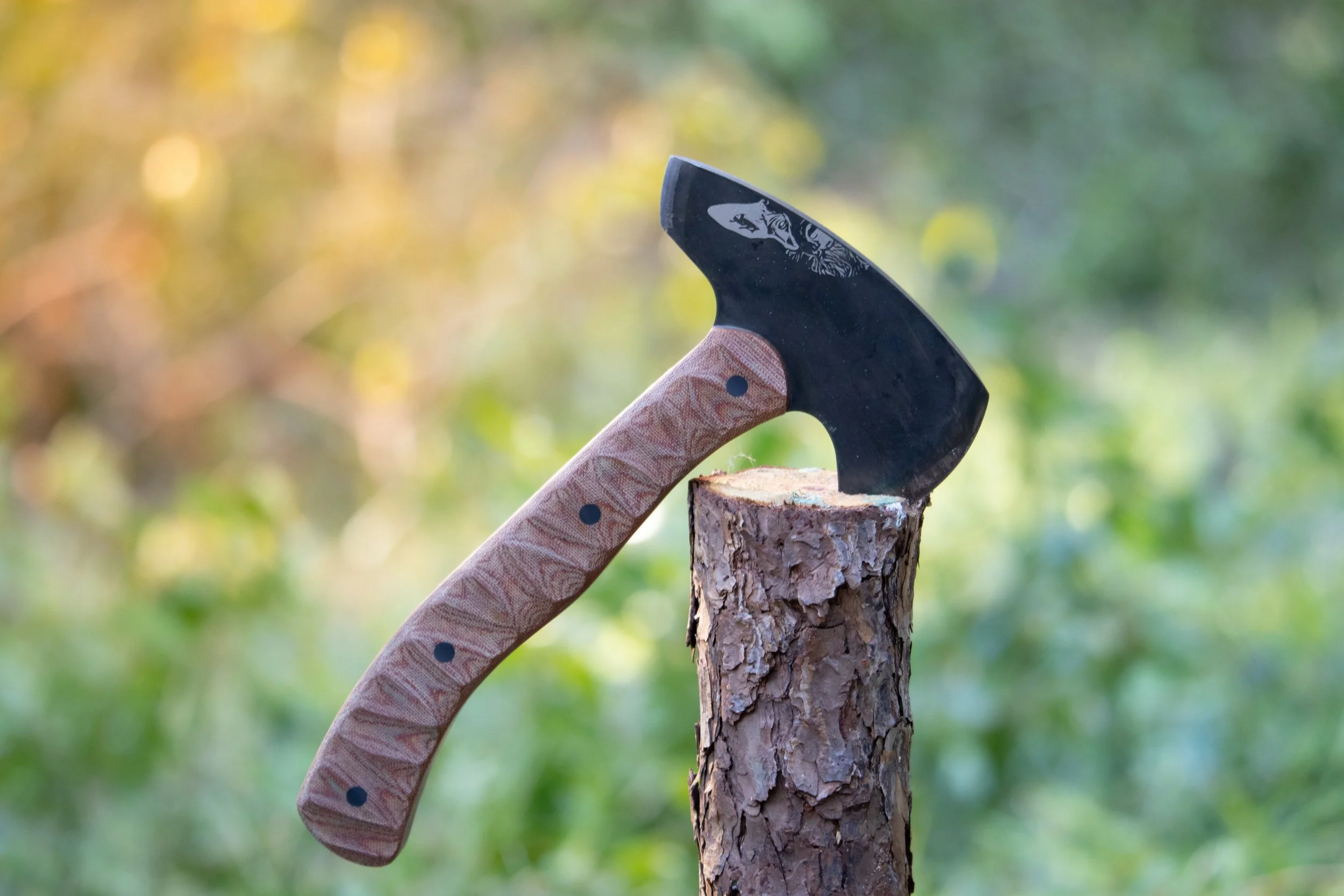 Small hatchet with a decorative handle embedded in a tree stump outdoors.