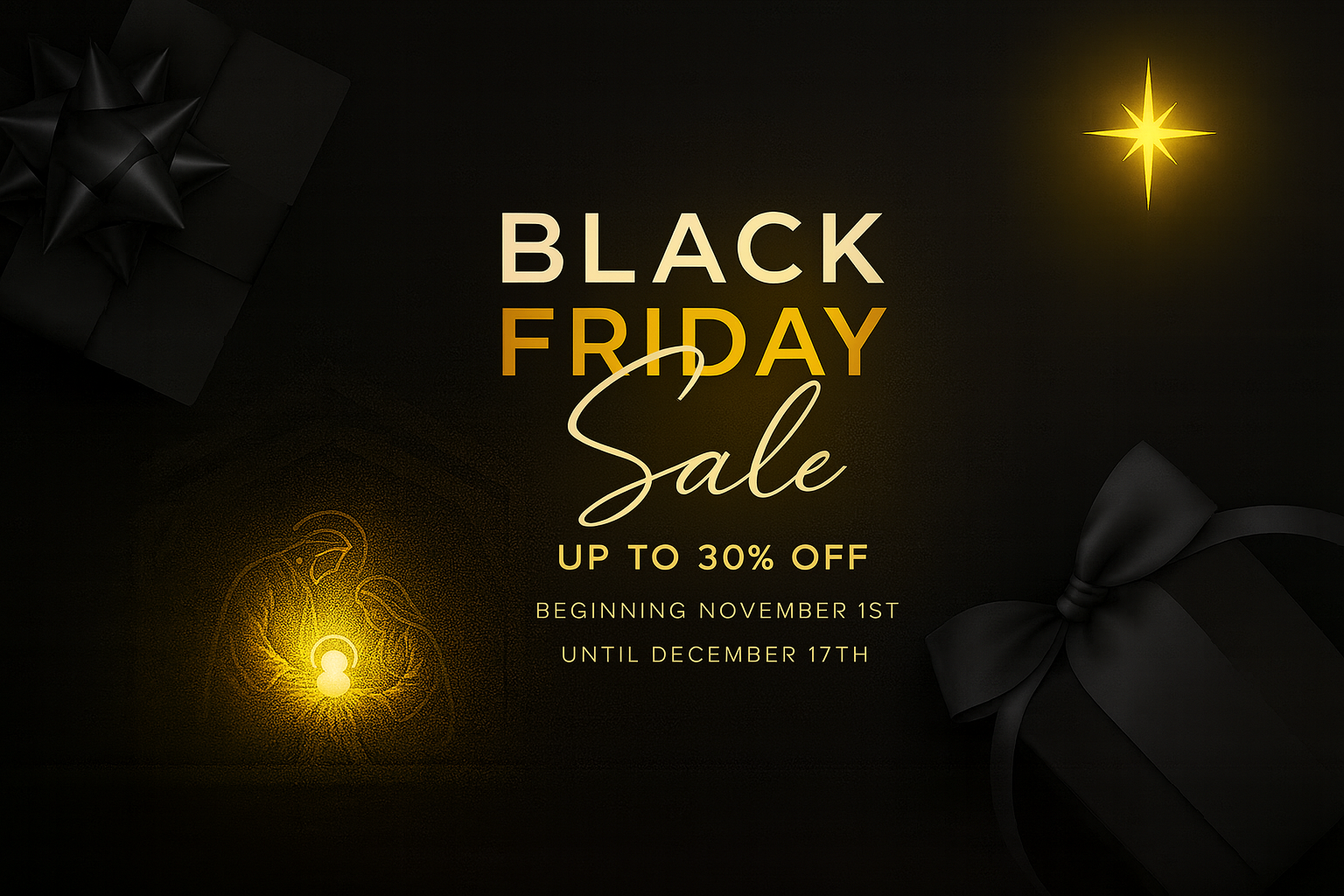 Black Friday sale advertisement with black gift boxes and yellow glowing stars on a dark background, announcing discounts up to 30% from November 1st to December 17th.