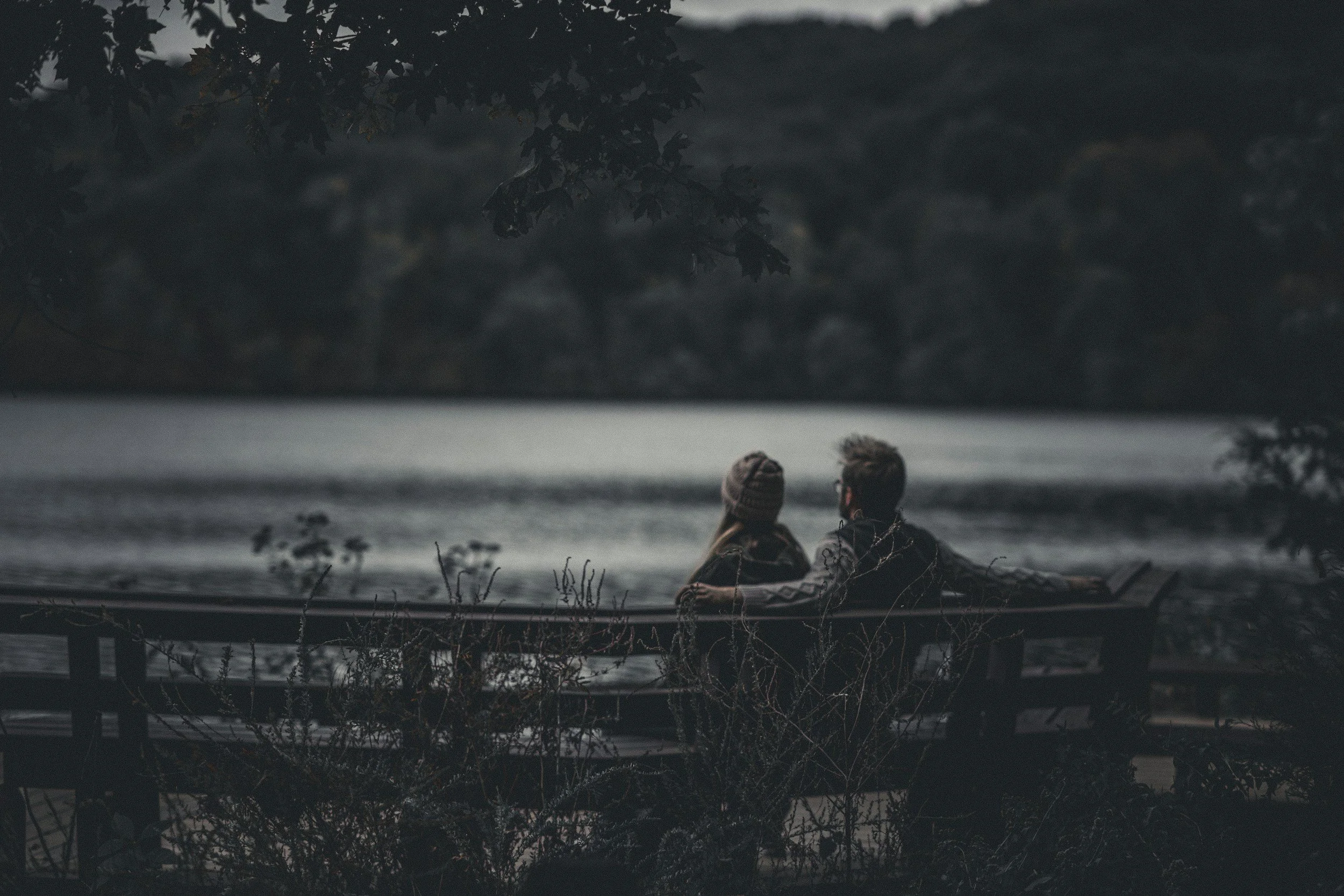 Two people sitting on a park bench by a lake during dusk, surrounded by trees and foliage.