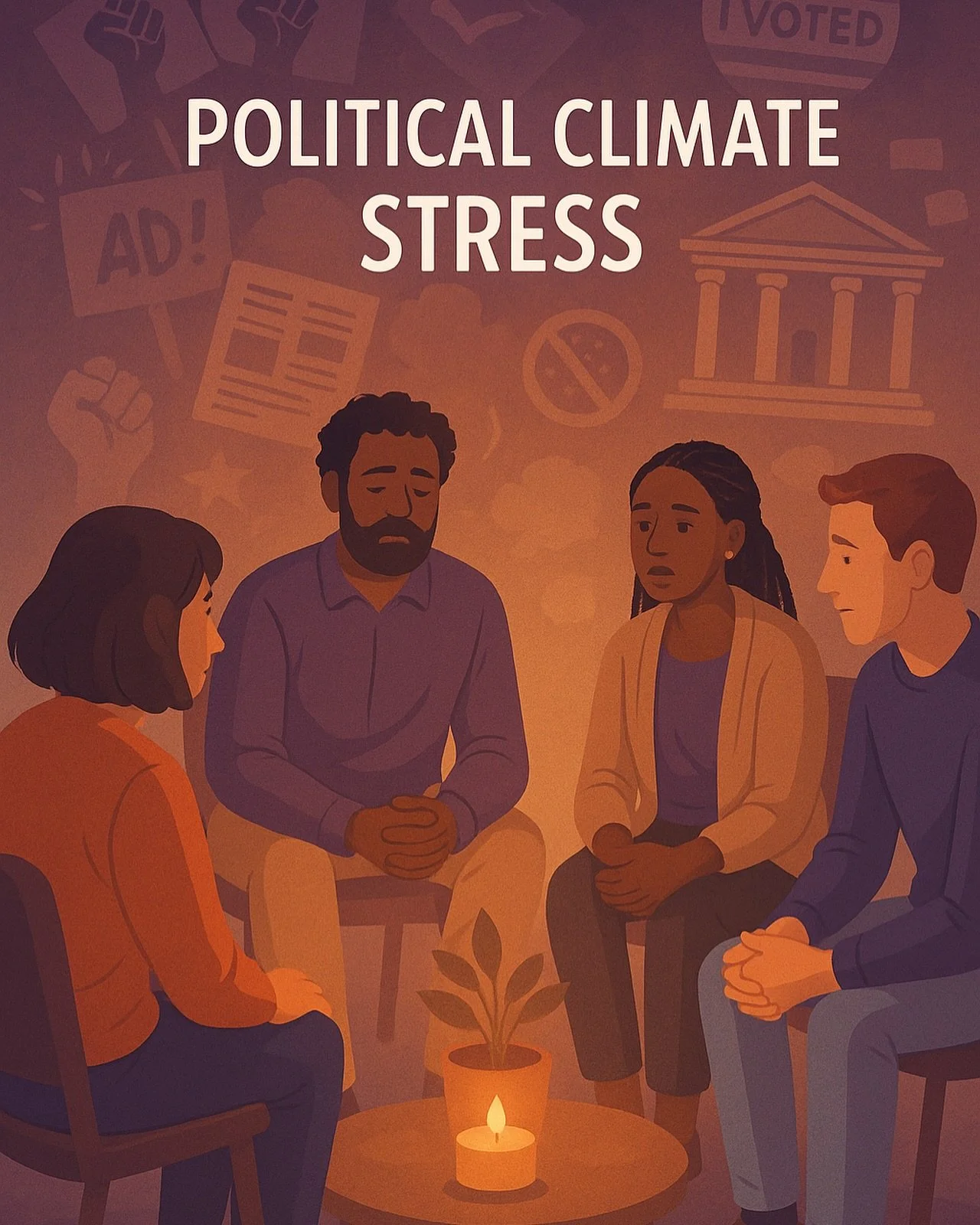 📣 Feeling overwhelmed by the news, injustice, or constant tension around politics?

You&rsquo;re not alone. Our Political Climate Stress group is a space to unpack what you&rsquo;re carrying &mdash; without debate, judgment, or pressure to fix it al