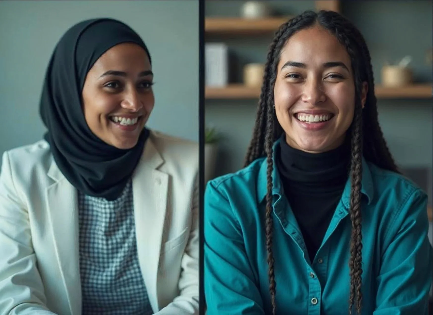 Split-screen image of two women smiling, one wearing a hijab and blazer, the other with braids and a denim shirt, in an indoor setting.