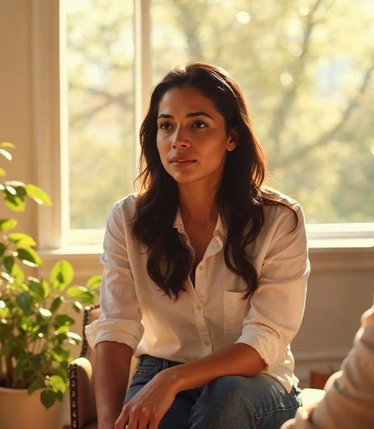 A woman with long dark hair sitting near a window with sunlight streaming in, wearing a white shirt and jeans, looking thoughtful.