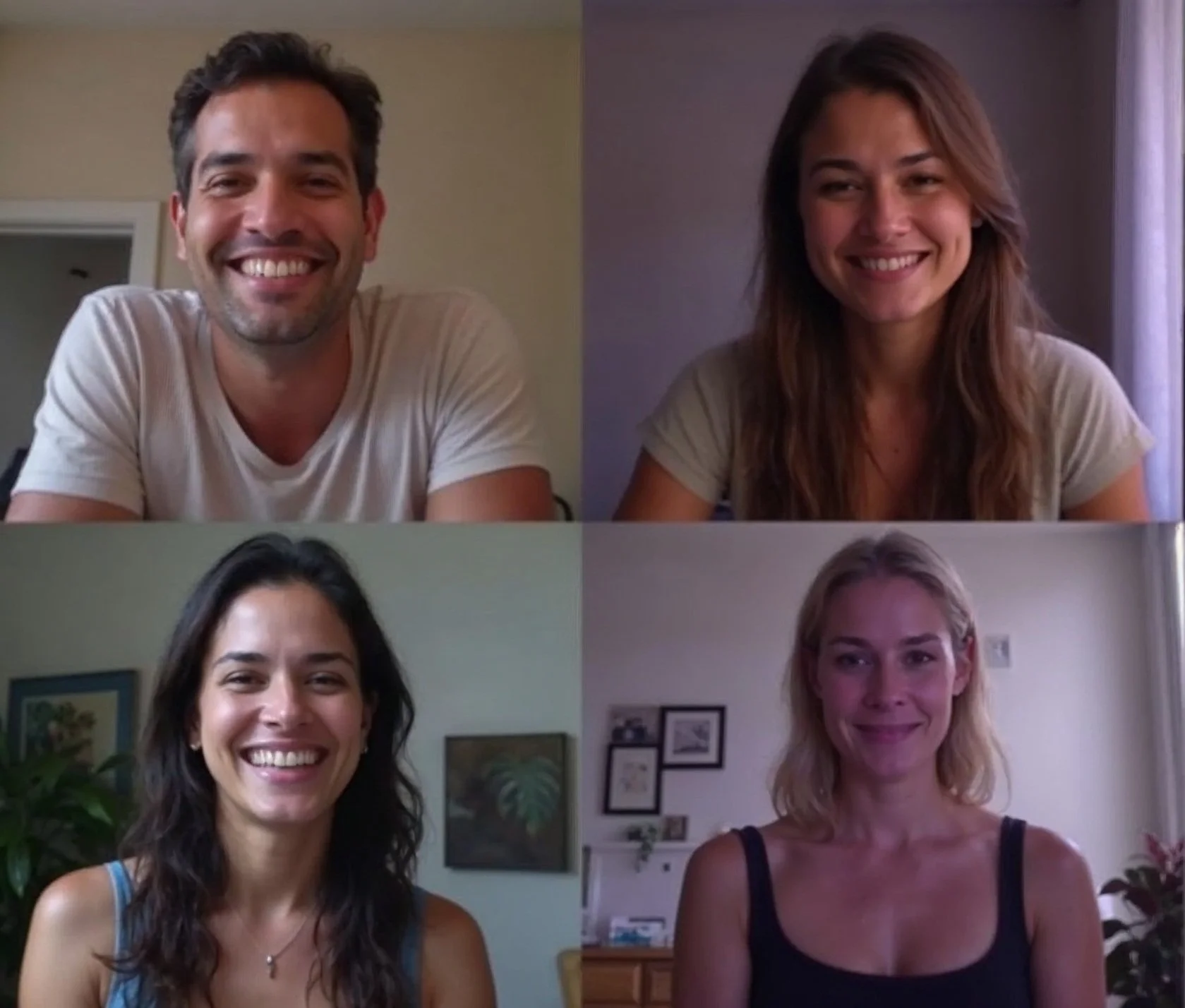 Four people participating in a video call, each in their own separate frame. Two women are in the top row, a man on the left and a woman on the right; they are smiling. The bottom row features another woman on the left and a woman on the right, also smiling.
