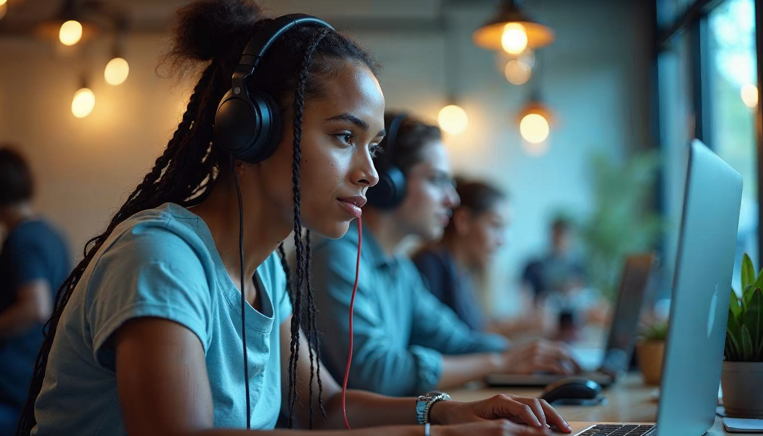 Group of people wearing headphones working on laptops in a modern office