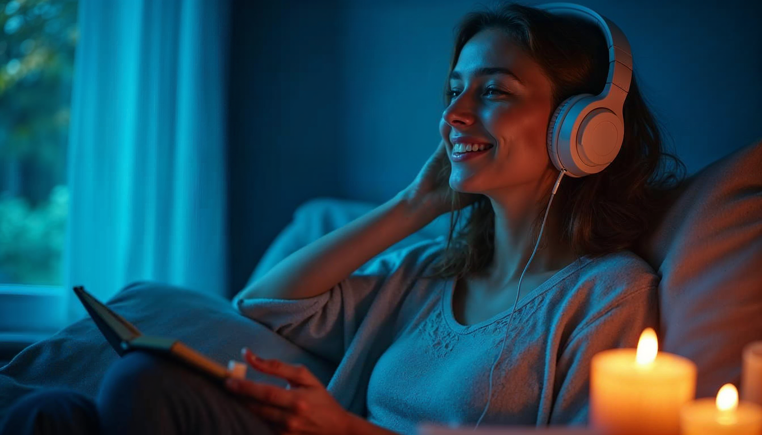 A woman relaxing on a sofa, listening to music with large over-ear headphones, holding a smartphone, in a cozy room with curtains and lit candles.