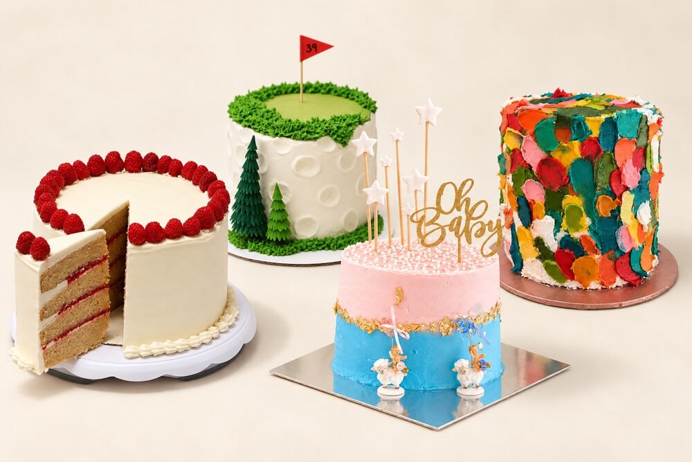 Four handcrafted Steady Bloom celebration cakes on an antique white background.