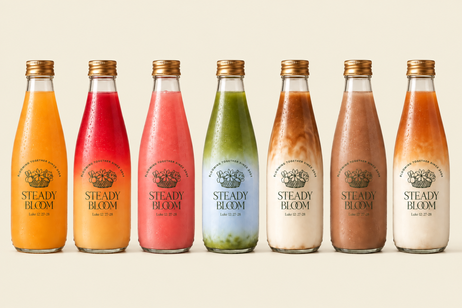 Seven colorful Steady Bloom drinks in reusable glass bottles.