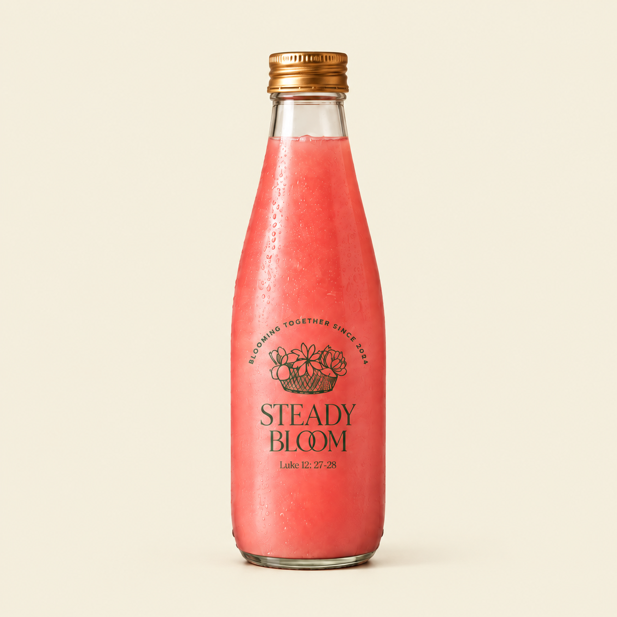 Steady Bloom laveSteady Bloom coral drink in a reusable glass bottle.nder latte in a reusable glass bottle
