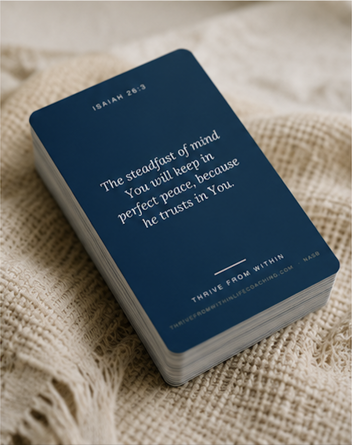 Navy Renewed scripture cards showing Isaiah 26:3 on a soft knit blanket