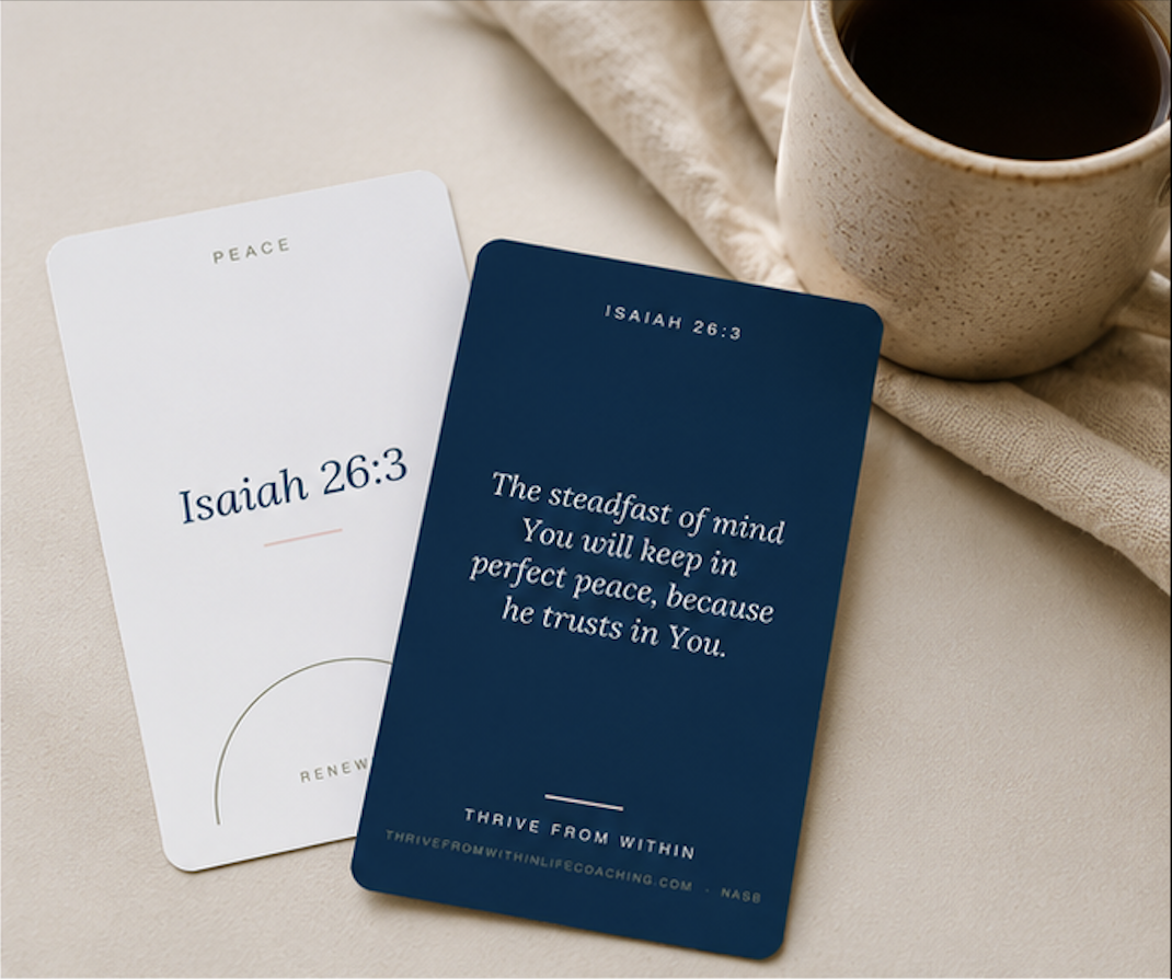Renewed scripture card showing Isaiah 26:3 on peace, in navy and cream, beside a cup of coffee