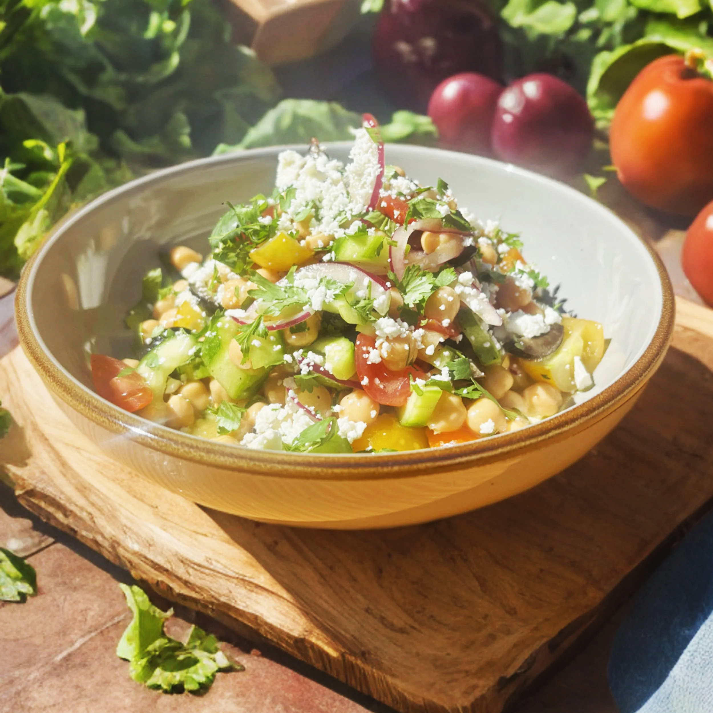 Fresh salads. There is a slo a kale and beet salad and a mediterranean chickpea salad.
