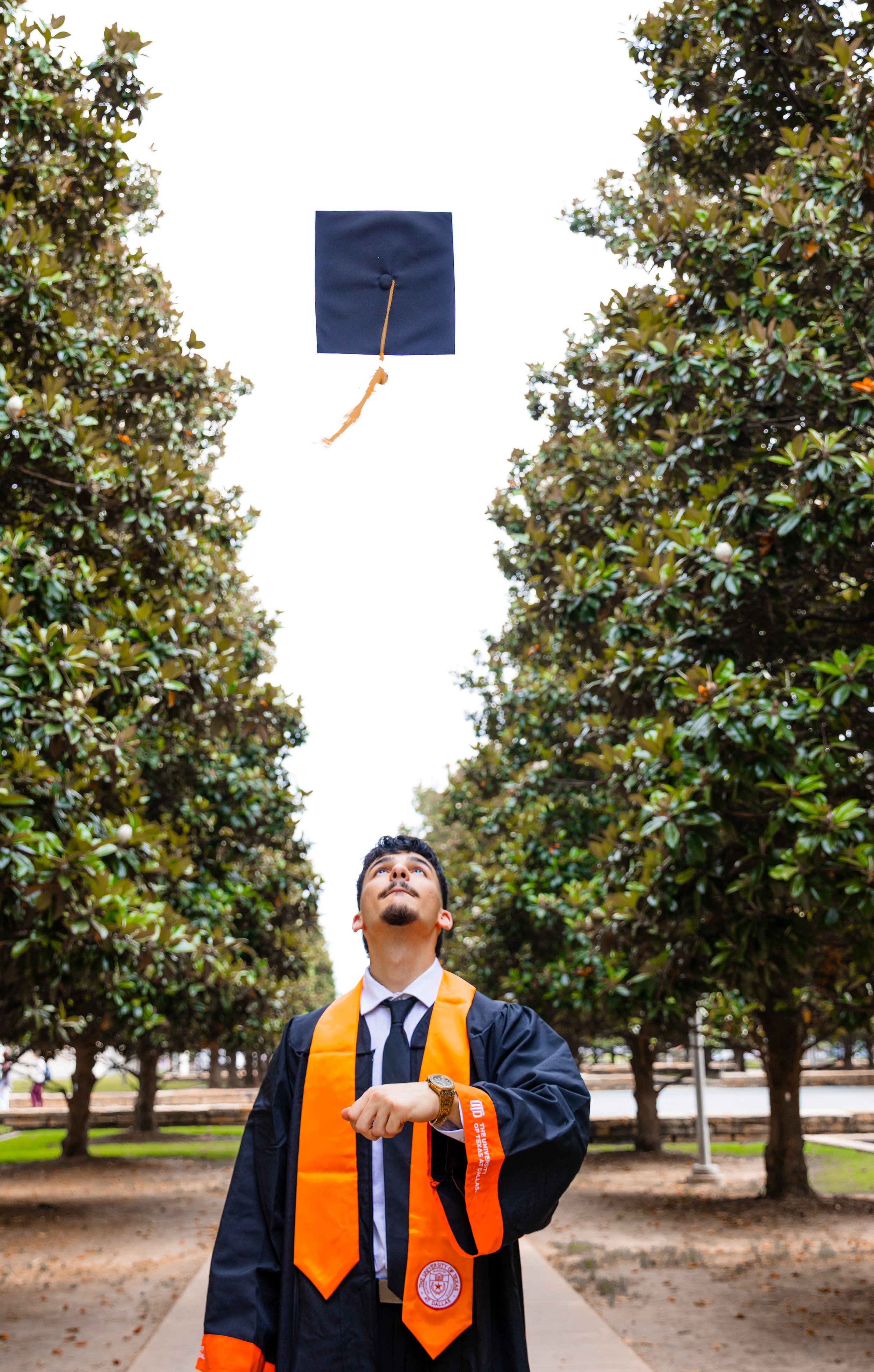 A man in graduation cap and gown holding a tassel in a park with trees, looking up as his cap is falling.