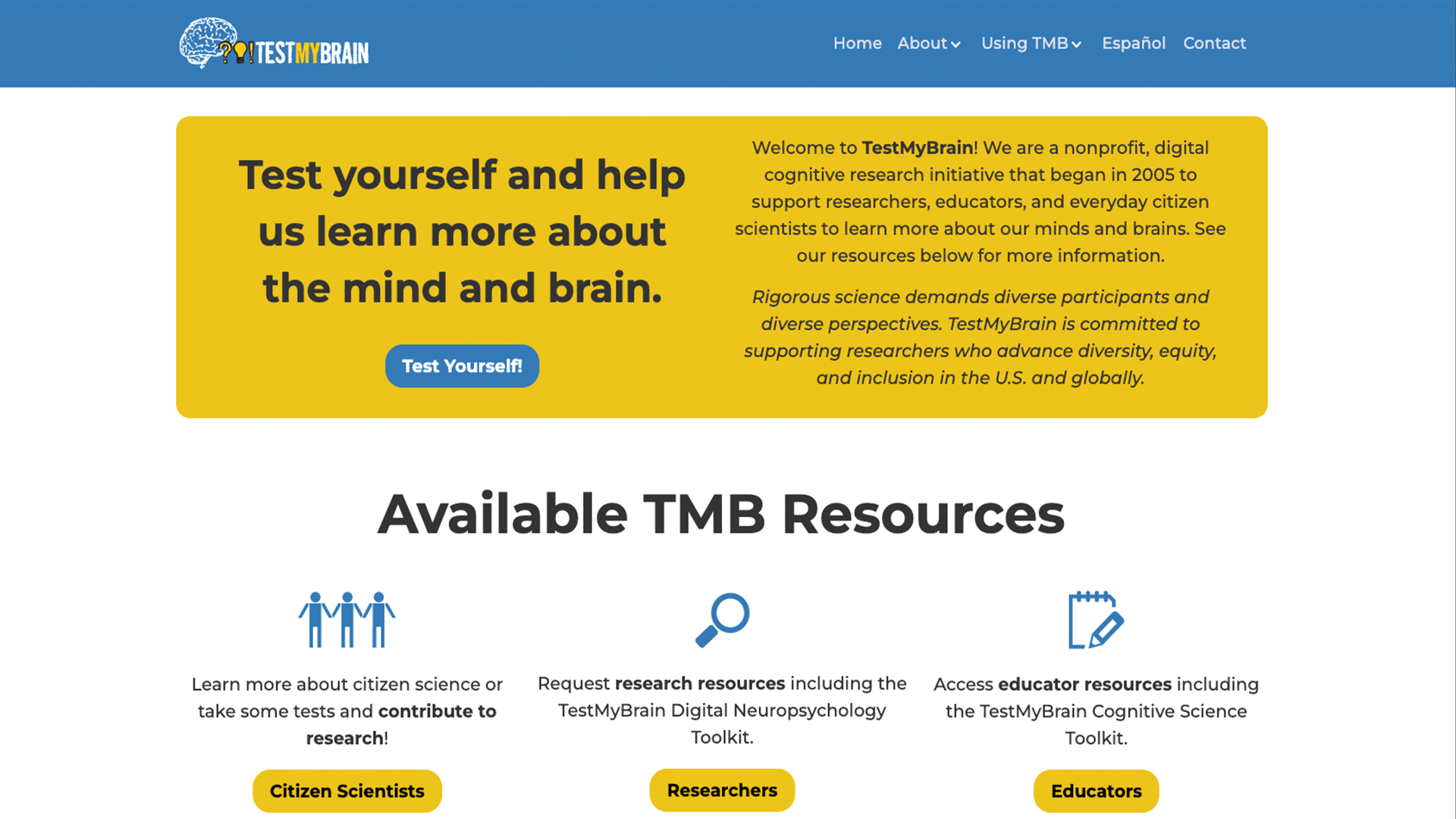 image of the Test My Brain website landing page