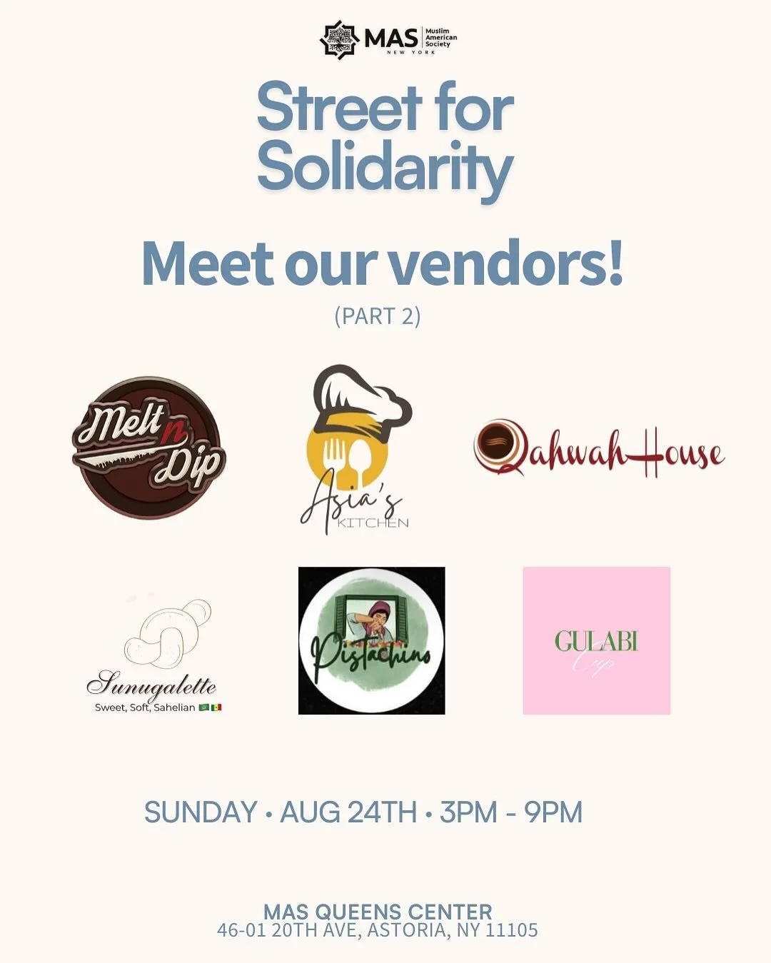 ✨ Street for Solidarity &ndash; Meet Our Vendors! (Part 2) ✨

We&rsquo;re back with more amazing vendors joining us this Sunday, August 24th, from 3PM to 9PM at MAS Queens Center (46-01 20th Ave, Astoria, NY)! Come support incredible local businesses