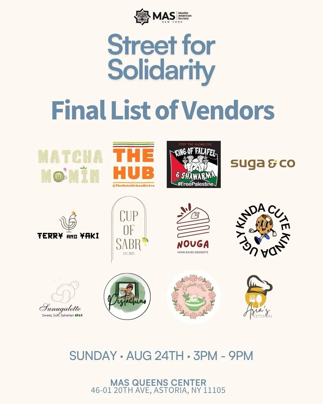 ✨ TODAY&rsquo;S THE DAY! &ndash; Street for Solidarity ✨

Join us TODAY, Sunday, August 24th from 3PM &ndash; 9PM at MAS Queens Center (46-01 20th Ave, Astoria, NY) for an evening of community, culture, and compassion!

Amazing food &amp; treats from