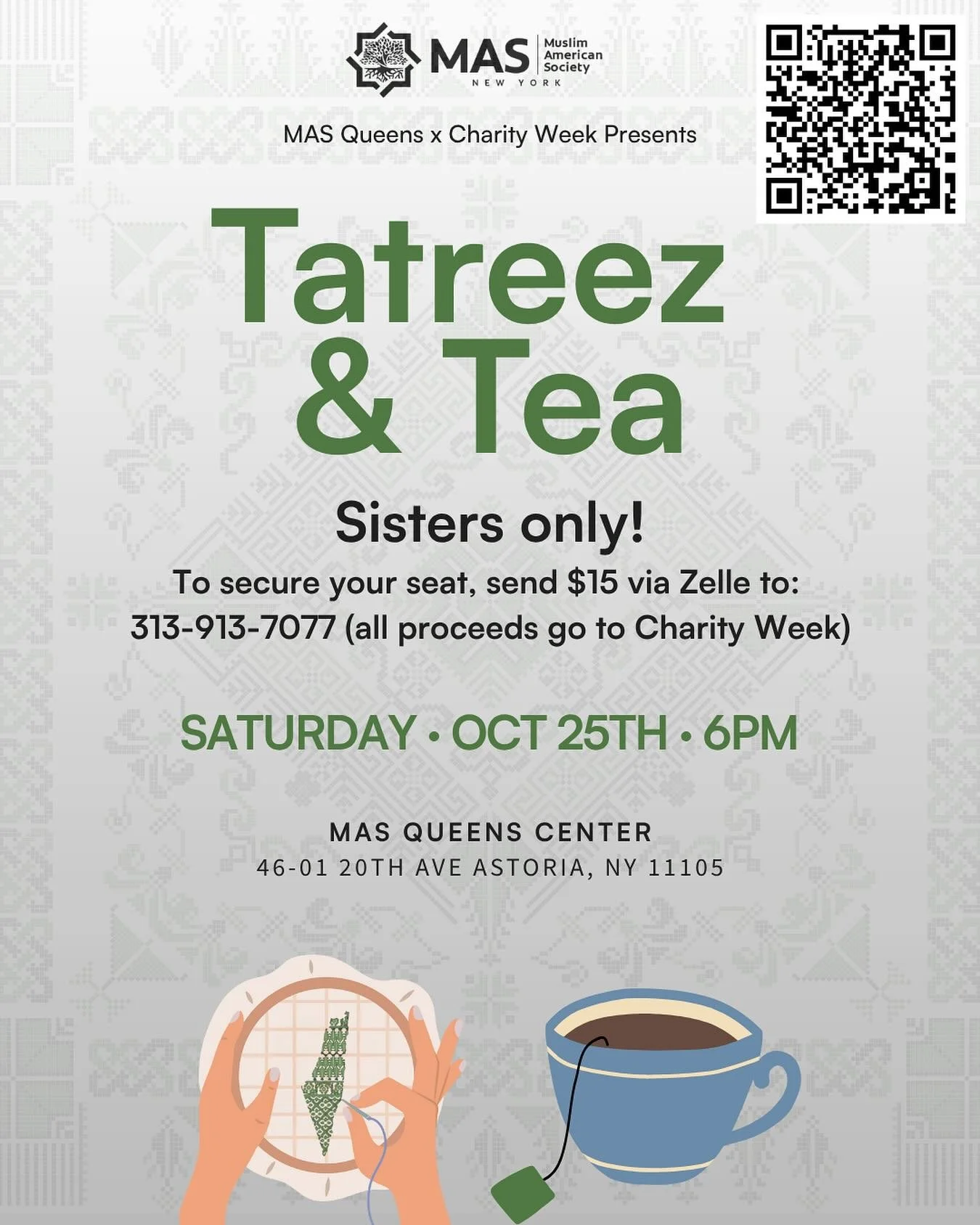 Sip some cultural teas and dive into tradition with a hands-on Tatreez & Tea class, lead by Maryam Shuaib! 🧵☕
Connect with Palestinian culture, learn the art of tatreez, and enjoy an evening of stitching for a cause and sipping for the soul.
+