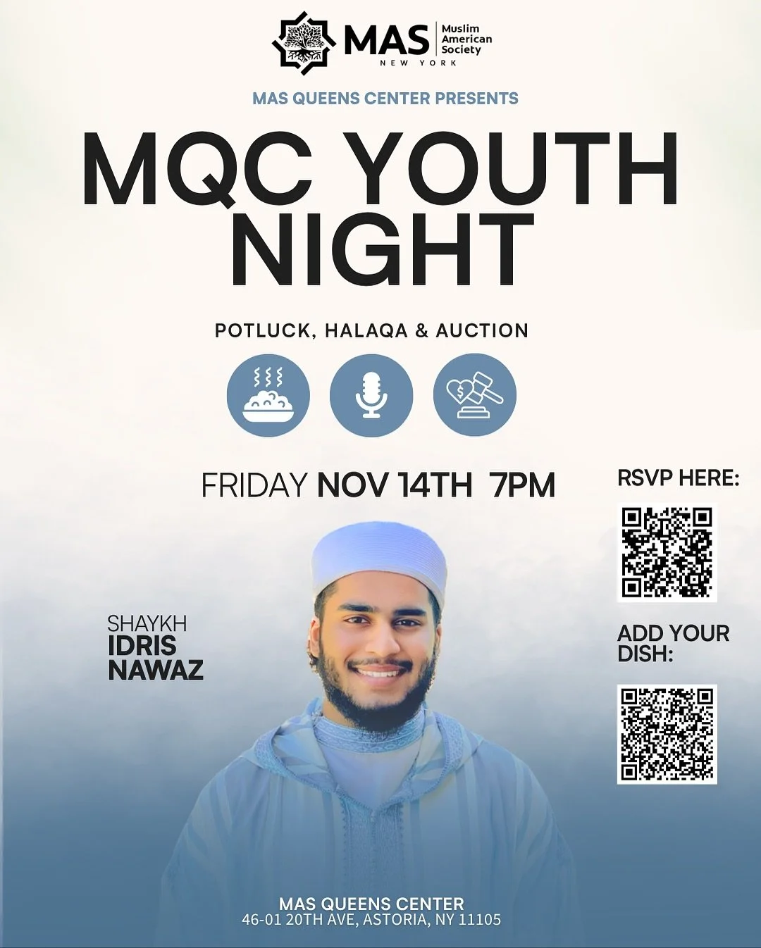 🌙 Join Us for a Night of Culture, Fundraising and Community! After our halaqa with Shaykh Idris Nawaz and an exciting auction to raise money for the masjid, stay for an evening filled with delicious cultural dishes and desserts! 

Bring a dish or de