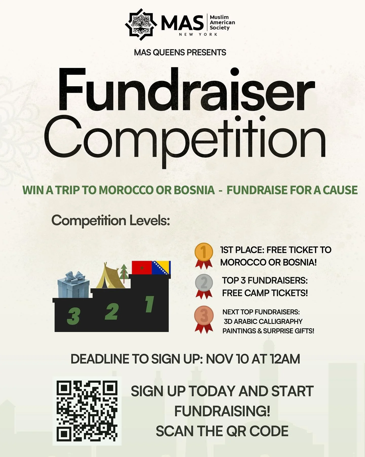 Ready to win a free trip to Morocco or Bosnia?! 🇲🇦🇧🇦

We&rsquo;re launching our MAS Queens Fundraiser Competition &mdash; raise funds, make a difference, and earn amazing prizes 🏆

LaunchGood pages will be created in your name &mdash; so sign up