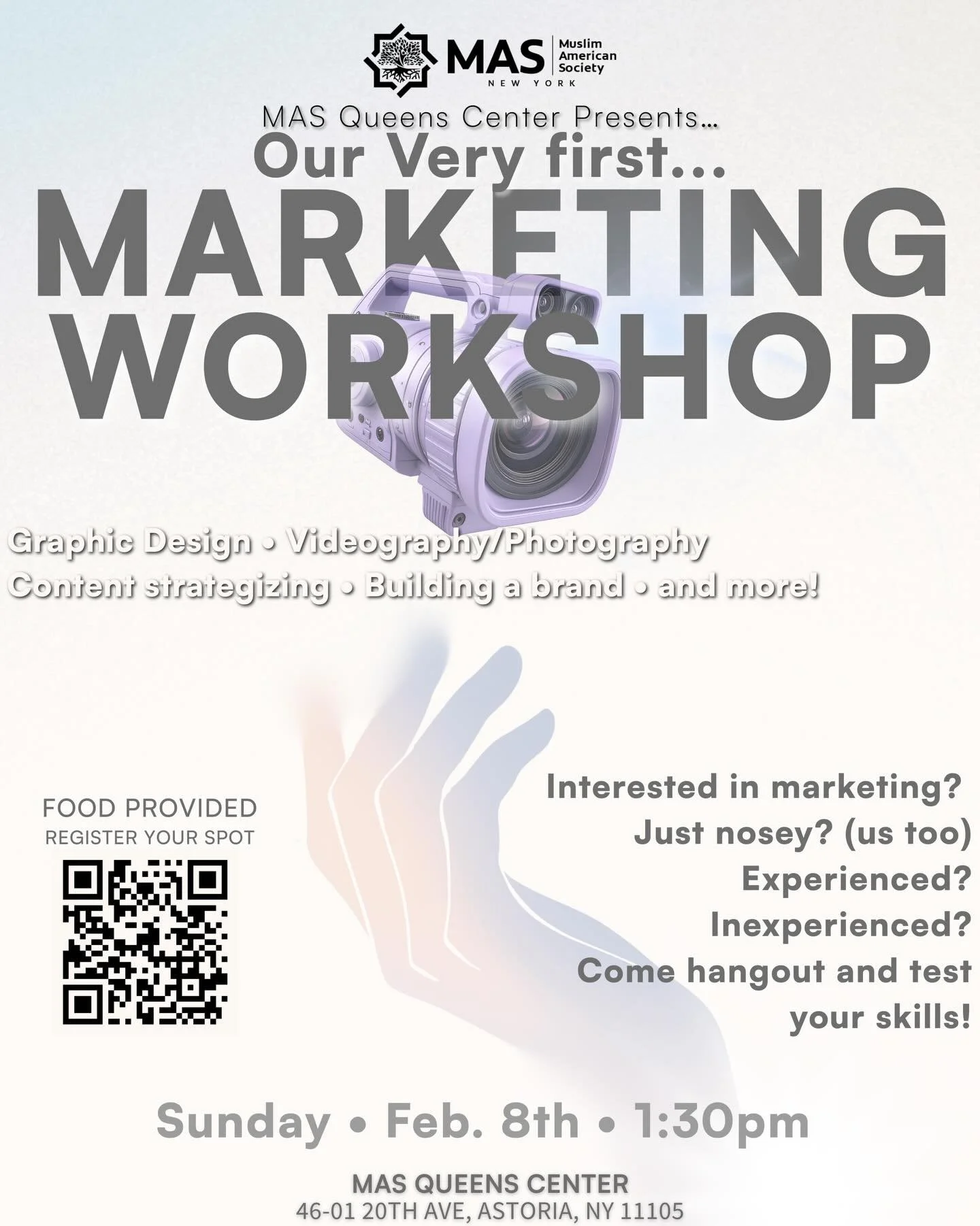 MAS Queens invites you to our very first MARKETING WORKSHOP!
Come learn the skills that turn ideas into impact. Build, learn, and then lead!

Want to get involved in your community? Just wanna learn how we get things done? This is the event for you!
