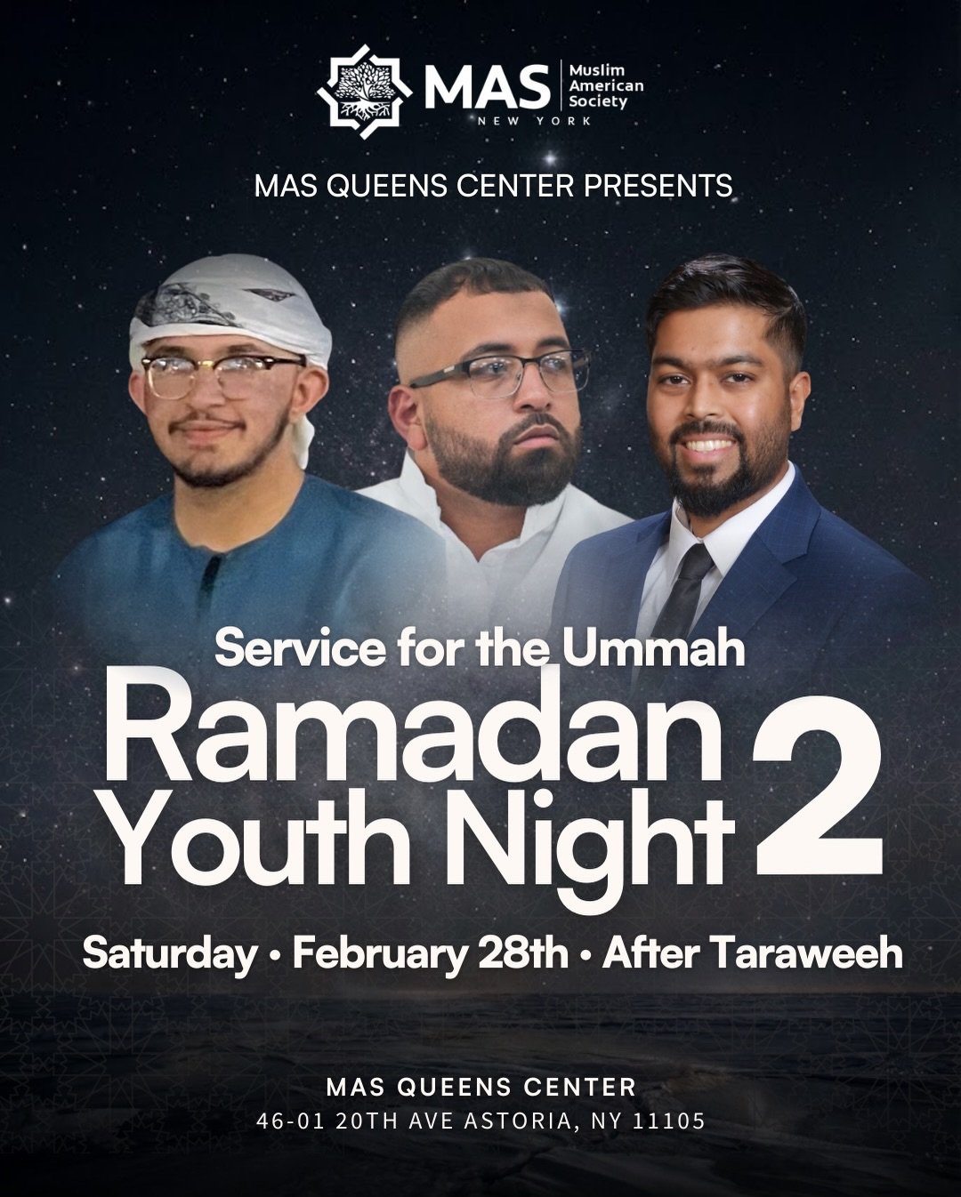 Join us for Ramadan Youth Night 2 &mdash; a night of prayer, qiyam, halaqa, and brotherhood.

🕌 Isha + Taraweeh
🌙 Qiyam
🗣 Brothers &amp; Sisters Halaqas
🍽 Refreshments
🌌 Late-Night Reflections

This isn&rsquo;t just another night.
It&rsquo;s a r