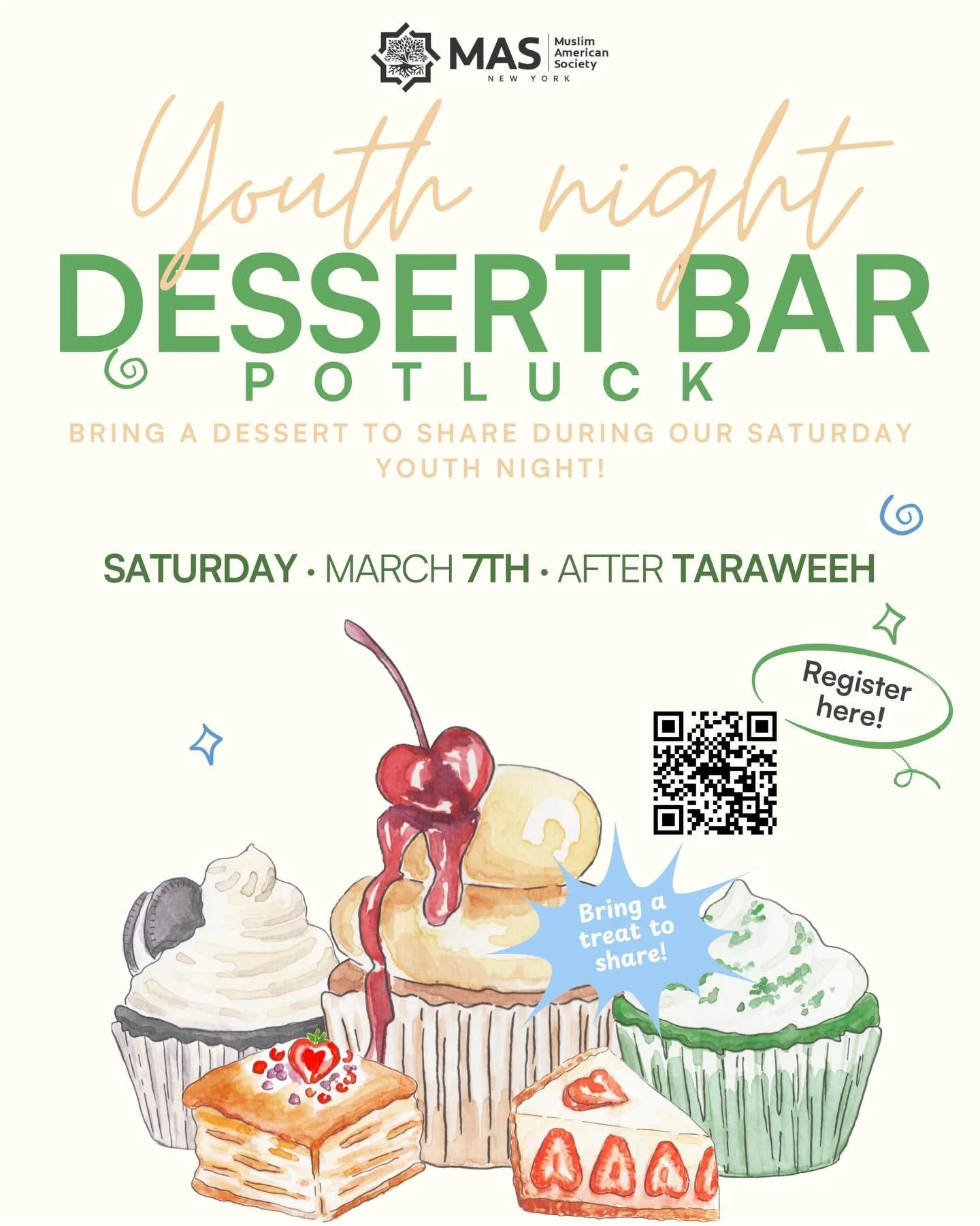 Come for the halaqat, stay for the dessert! 😋

MAS Queens is bringing back our iconic Ramadan potluck, but this time; make it sweet! 

We wanna see and try your sweet ramadan treats, bring a dish to share and join us for our Saturday Youth Night!

?
