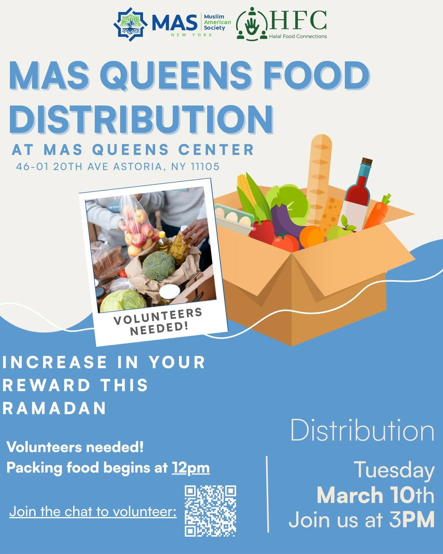 At MAS Queens Center, service to the community is at the heart of what we do 🩵

Join us for a food pantry at MQC, stop by if you need a hand and stop by if you can give a hand 🤝

🗓️ March, 10th
🕒 3pm
📍 MQC

Join the volunteer chat to help out!
L