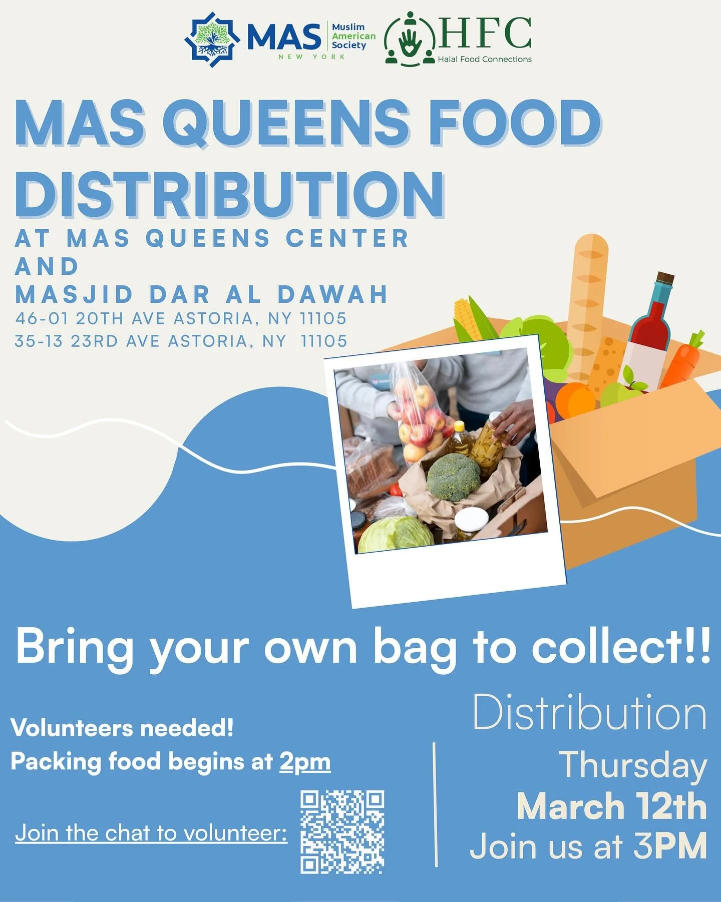 PART 2
At MAS Queens Center, service to the community is at the heart of what we do 🩵

Join us for a food pantry at MQC, stop by if you need a hand and stop by if you can give a hand 🤝

🗓️ March, 12th
🕒 3pm
📍 MQC

Join the volunteer chat to help