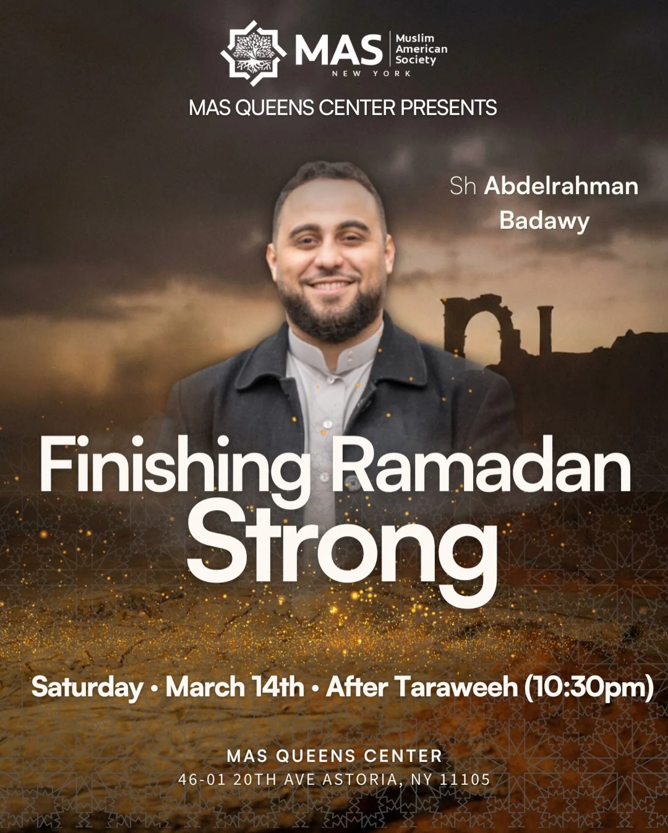 Ramadan is almost over&hellip; but the finish matters most.

Join us after Taraweeh this Saturday for a powerful reminder on how to finish Ramadan strong with Sh. Abdelrahman Badawy.

The final nights are a gift from Allah &mdash; let&rsquo;s not was