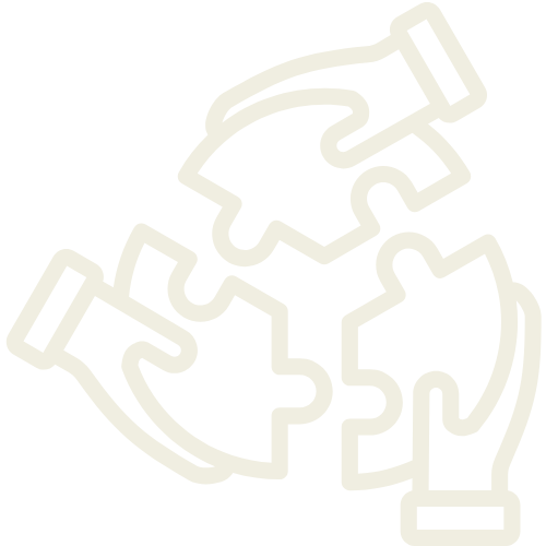 Icon of three hands assembling puzzle pieces, symbolizing teamwork and collaboration.