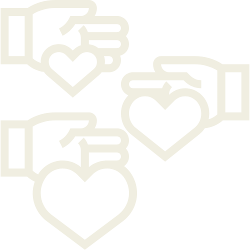 Three hands holding hearts icon, symbolizing support and care.
