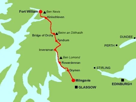 Map of the West Highland Way in Scotland, showing a red line trail from Milngavie to Fort William, passing through landmarks such as Ben Lomond and Ben Nevis. Cities like Glasgow, Edinburgh, and Perth are marked nearby.