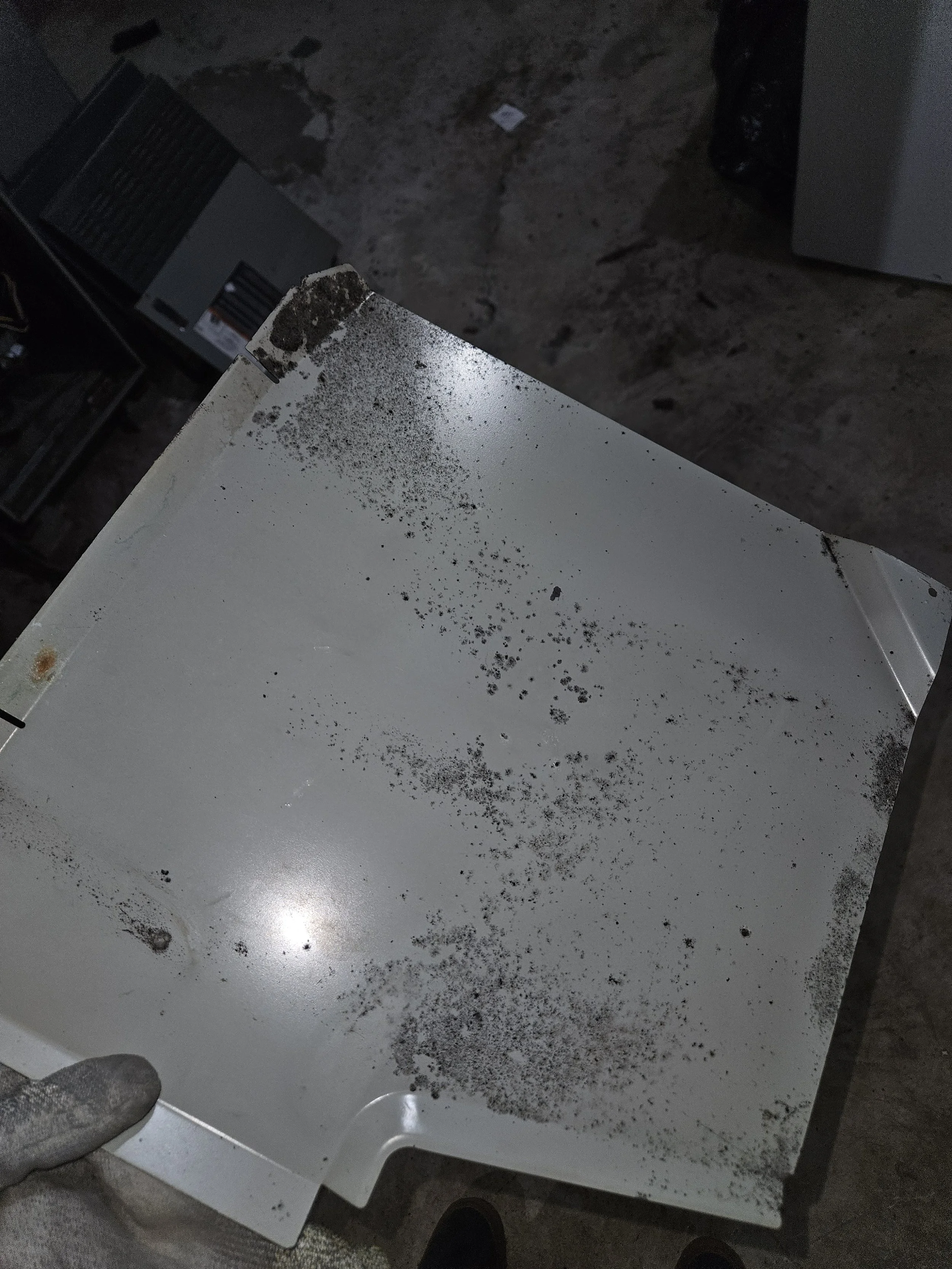 A metal surface with black mold and dirt, being held by a person wearing a glove.