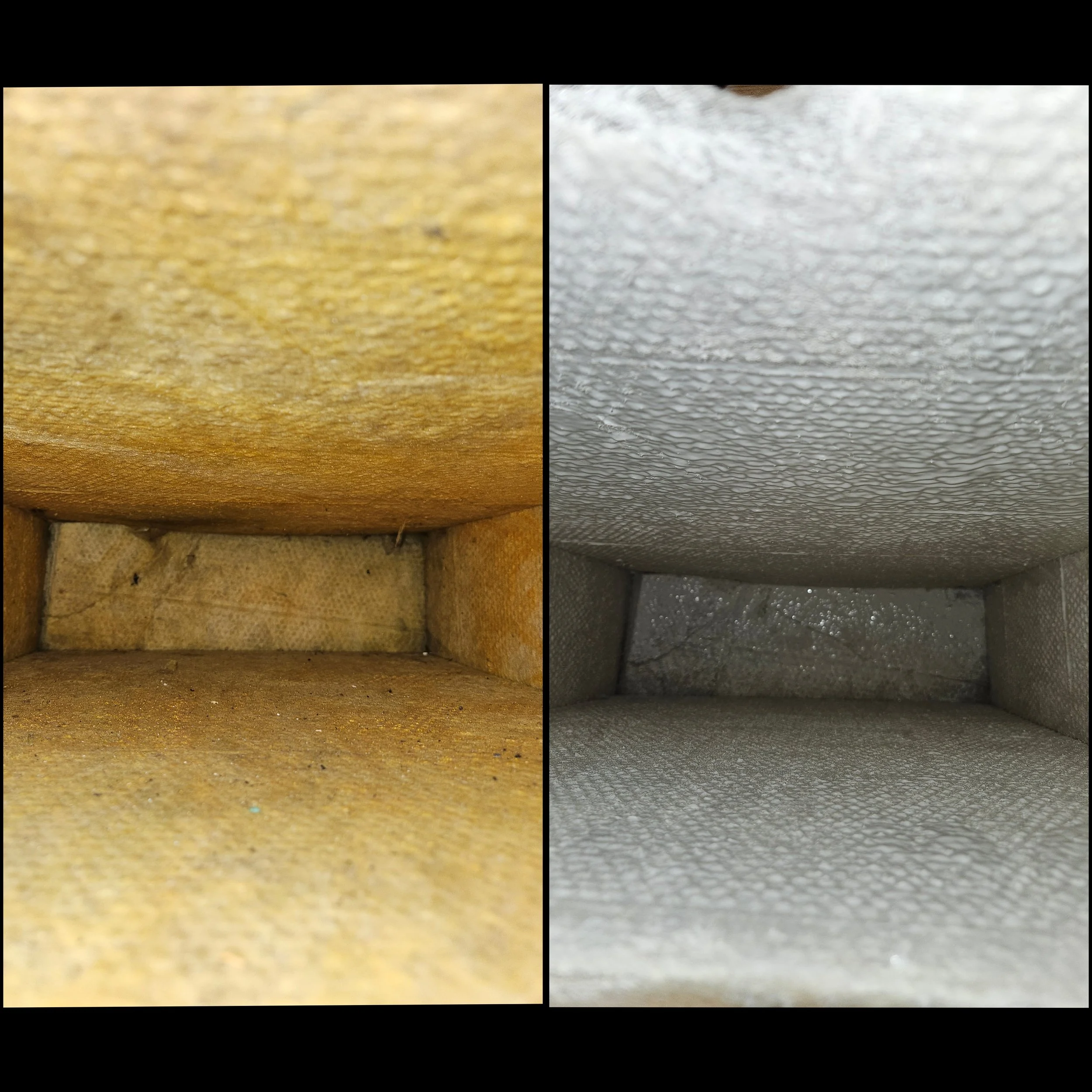 A side-by-side comparison of the interior of two different cardboard boxes, showing the textures and surfaces inside each box. The left box has a rough, yellowish interior, while the right box has a smoother, grayish interior.