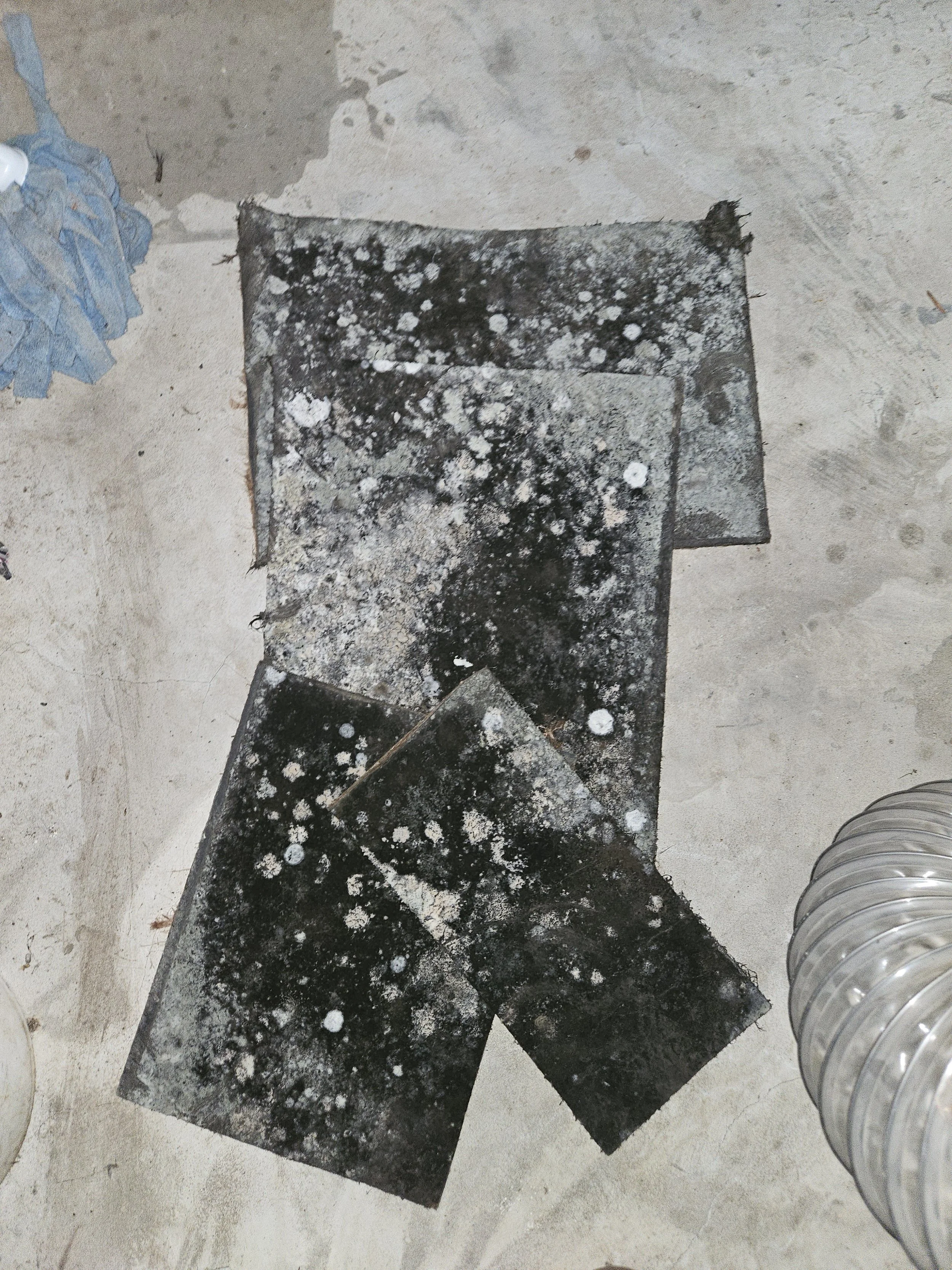 Several black filters with white mold spots on a concrete floor, alongside a gray plastic vent and a blue rag.