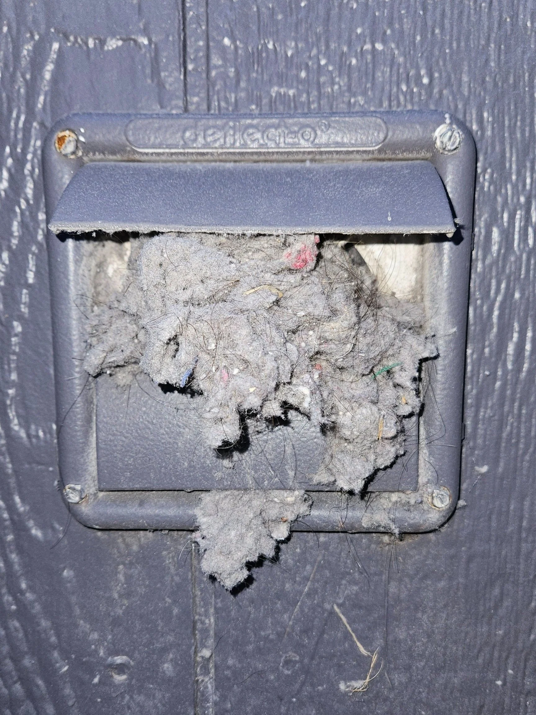 A dirty, dusty vent cover with a large amount of pet hair, lint, and debris accumulated on it, mounted on a dark wooden surface.