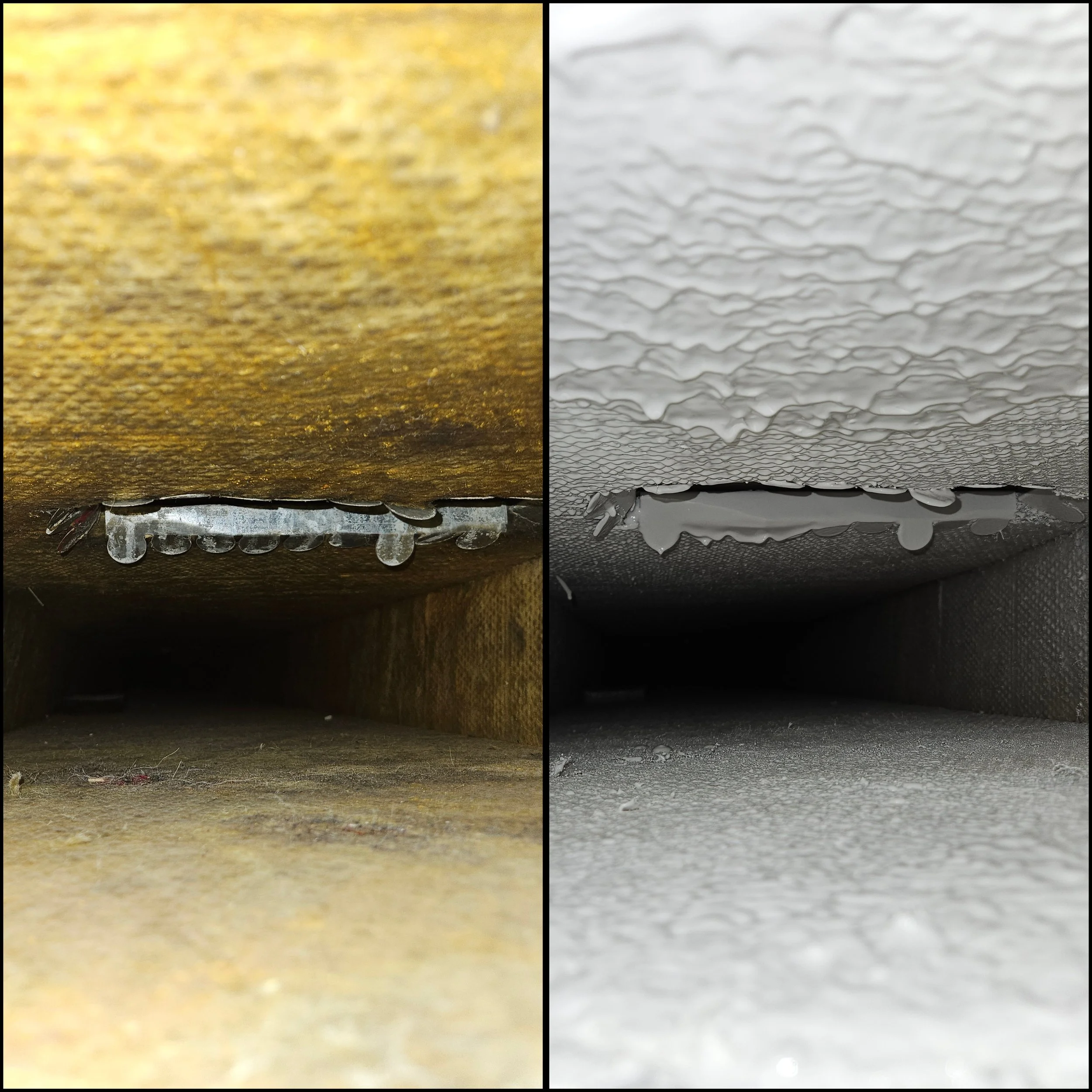 Close-up of the underside of a vent or duct with dripping water or condensation, shown in color on the left and in black and white on the right.