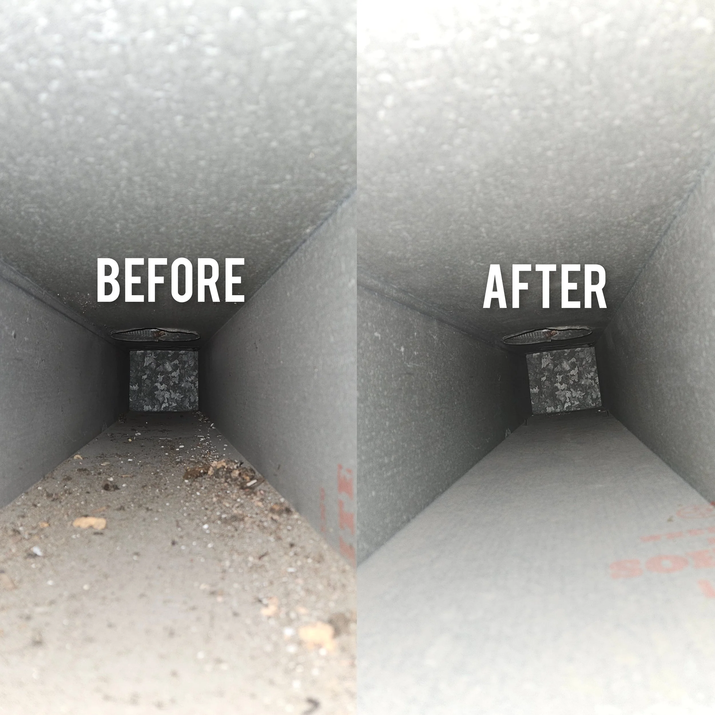 Side-by-side comparison of a ventilation duct before and after cleaning; the 'before' side shows dust and debris inside, while the 'after' side shows a clean, clear duct.