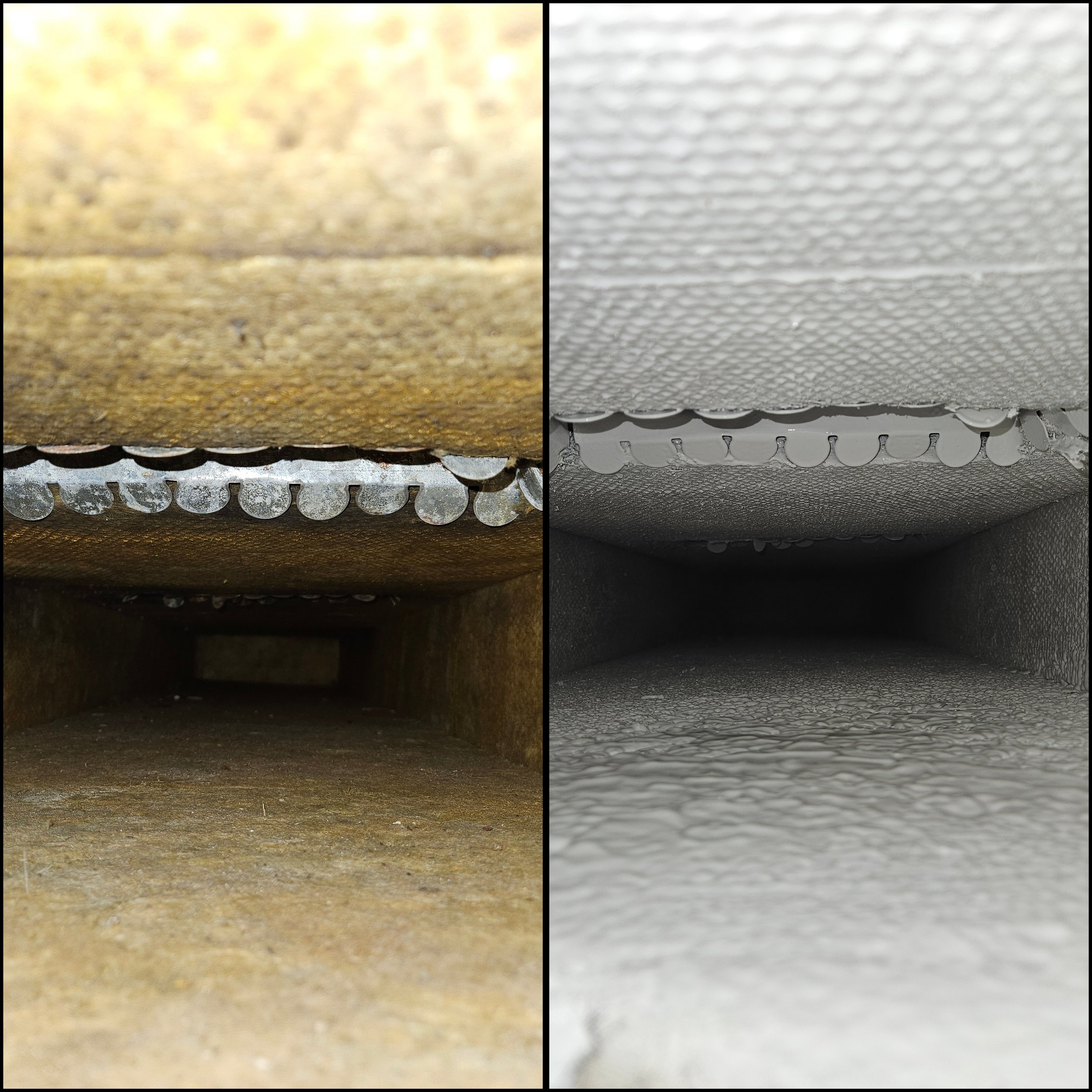 Comparison of two ventilation ducts, one (left) appearing old and rusty, and the other (right) looking clean and new with water droplets on the surface.