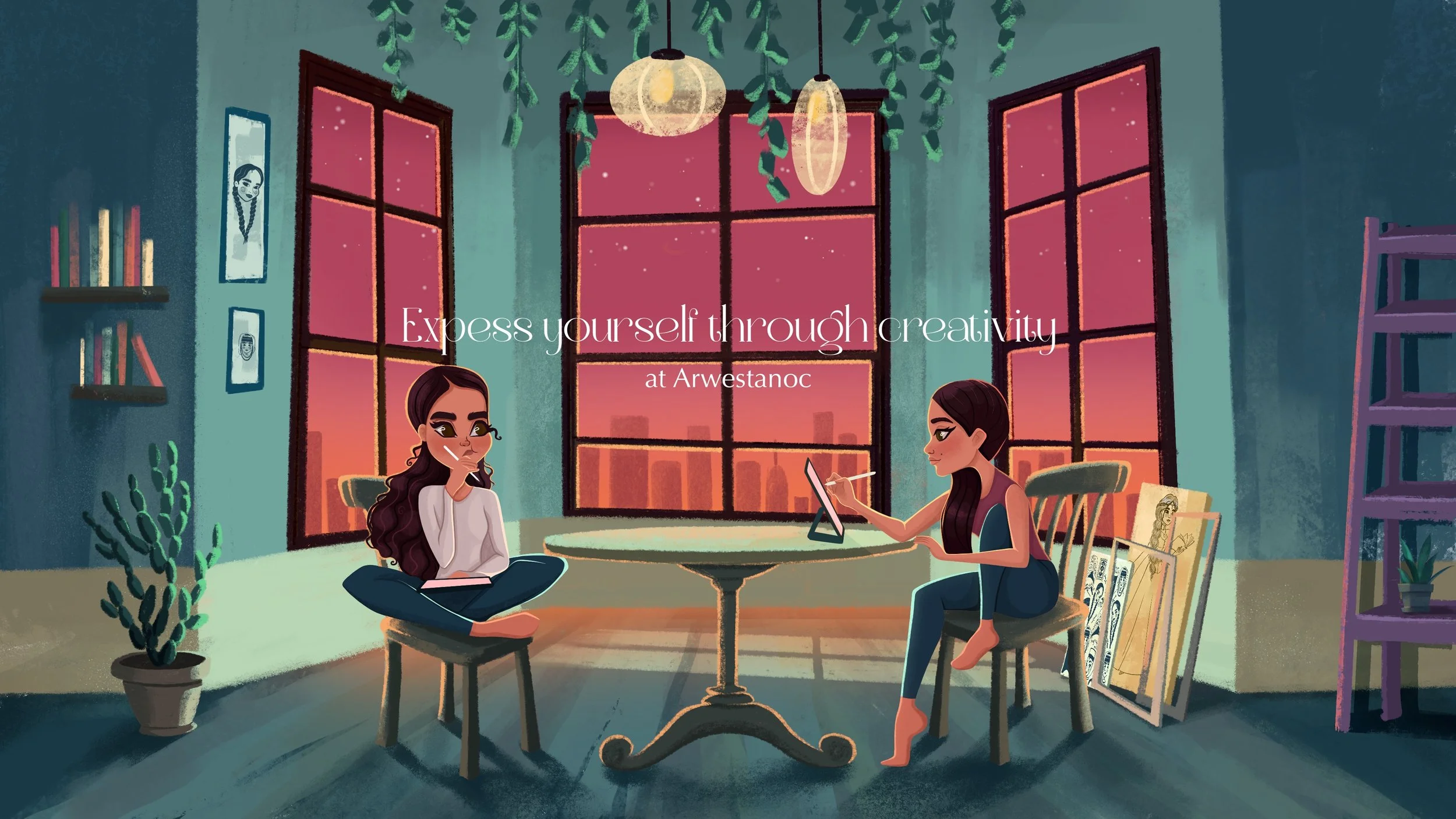 An animated illustration of two women in a cozy art studio during sunset. One woman is sitting cross-legged on a stool, with dark hair and a white top, while the other woman is seated on a chair, drawing with a stylus on a digital tablet. The studio 