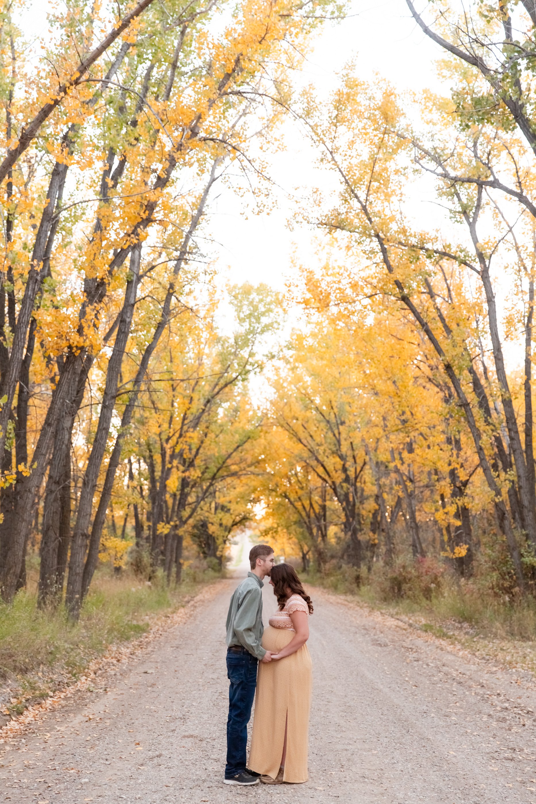 A couple is standing in the middle of a dirt road surrounded by trees with yellow and orange autumn leaves. The man and woman are facing each other, holding hands over the woman's pregnant belly, and are about to kiss.